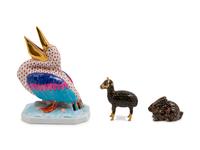 A Herend Porcelain "Fishnet" Pelican and Two Cloisonne Articles