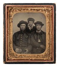 [CIVIL WAR] Sixth plate tintype of three men of varying ages, with a possible Pennsylvania Bucktail.