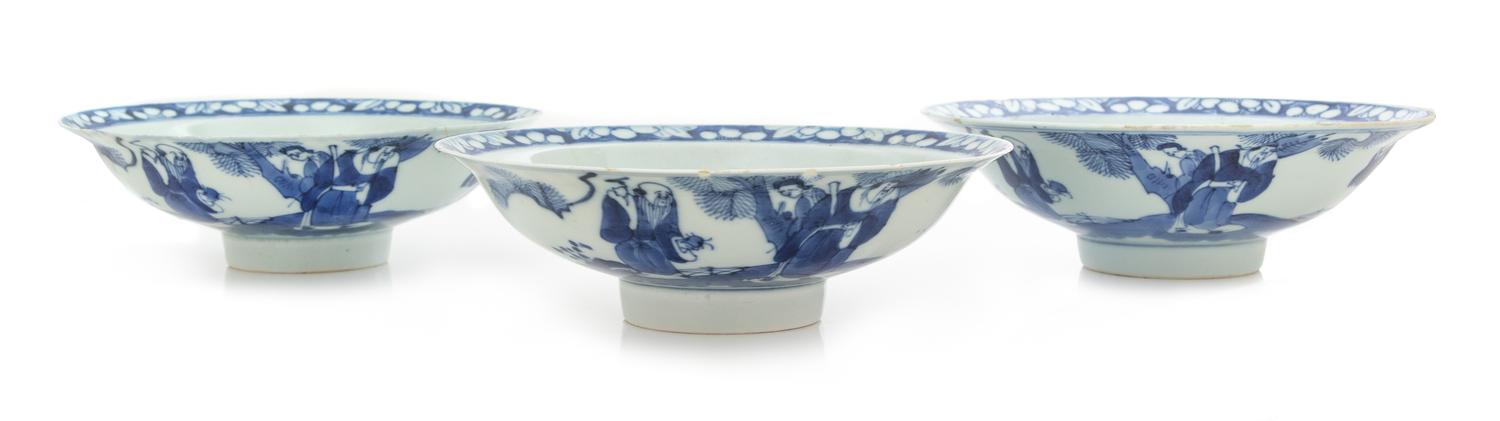 Three Chinese Export Canton Blue and White Porcelain Bowls