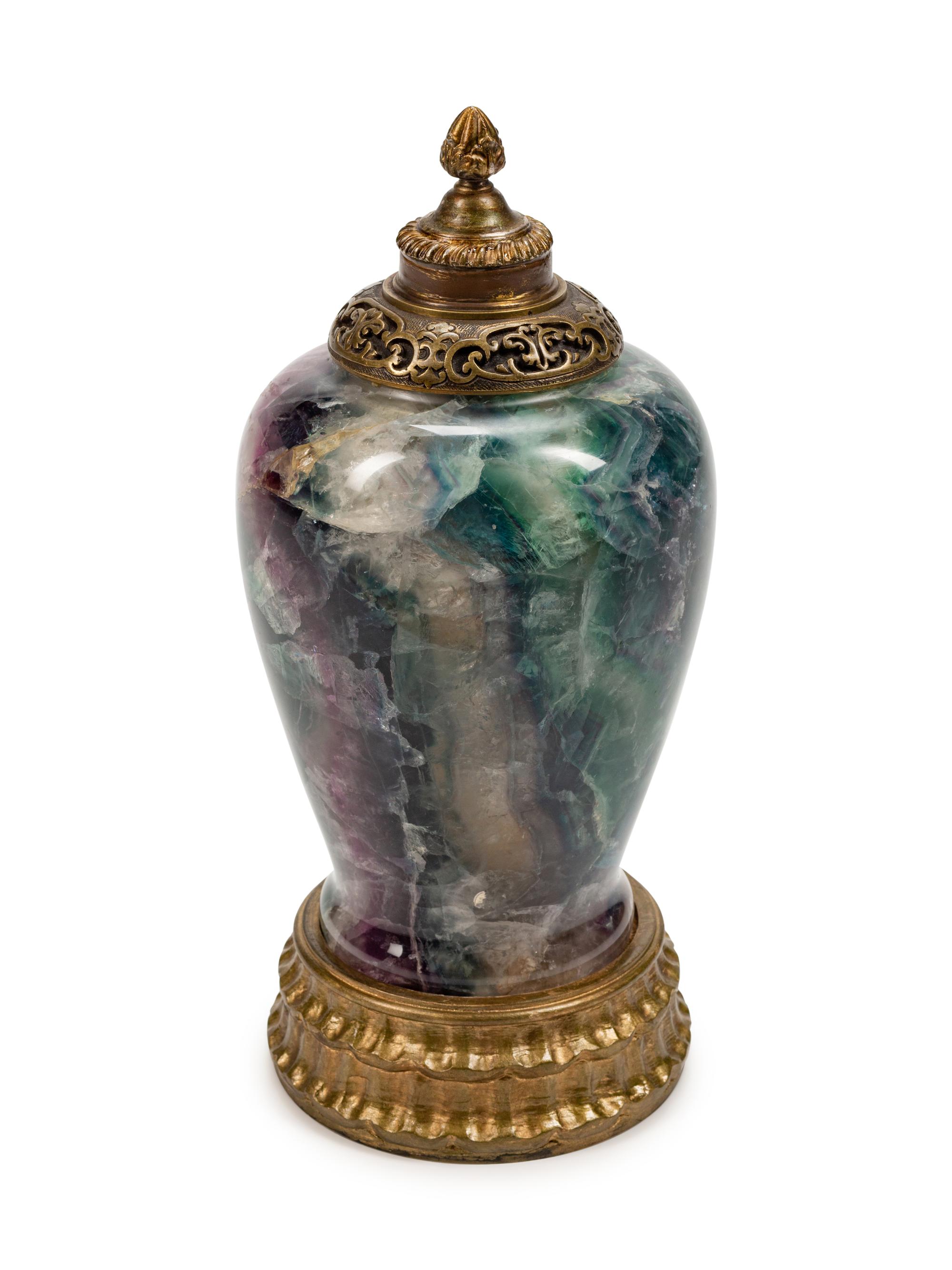 A Chinese Gilt-Bronze-Mounted Carved Flourite Urn