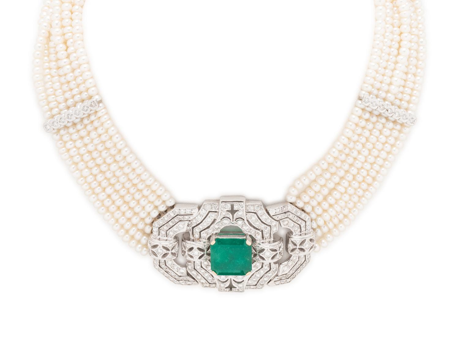 CULTURED PEARL, DIAMOND AND EMERALD CHOKER NECKLACE