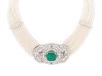 CULTURED PEARL, DIAMOND AND EMERALD CHOKER NECKLACE