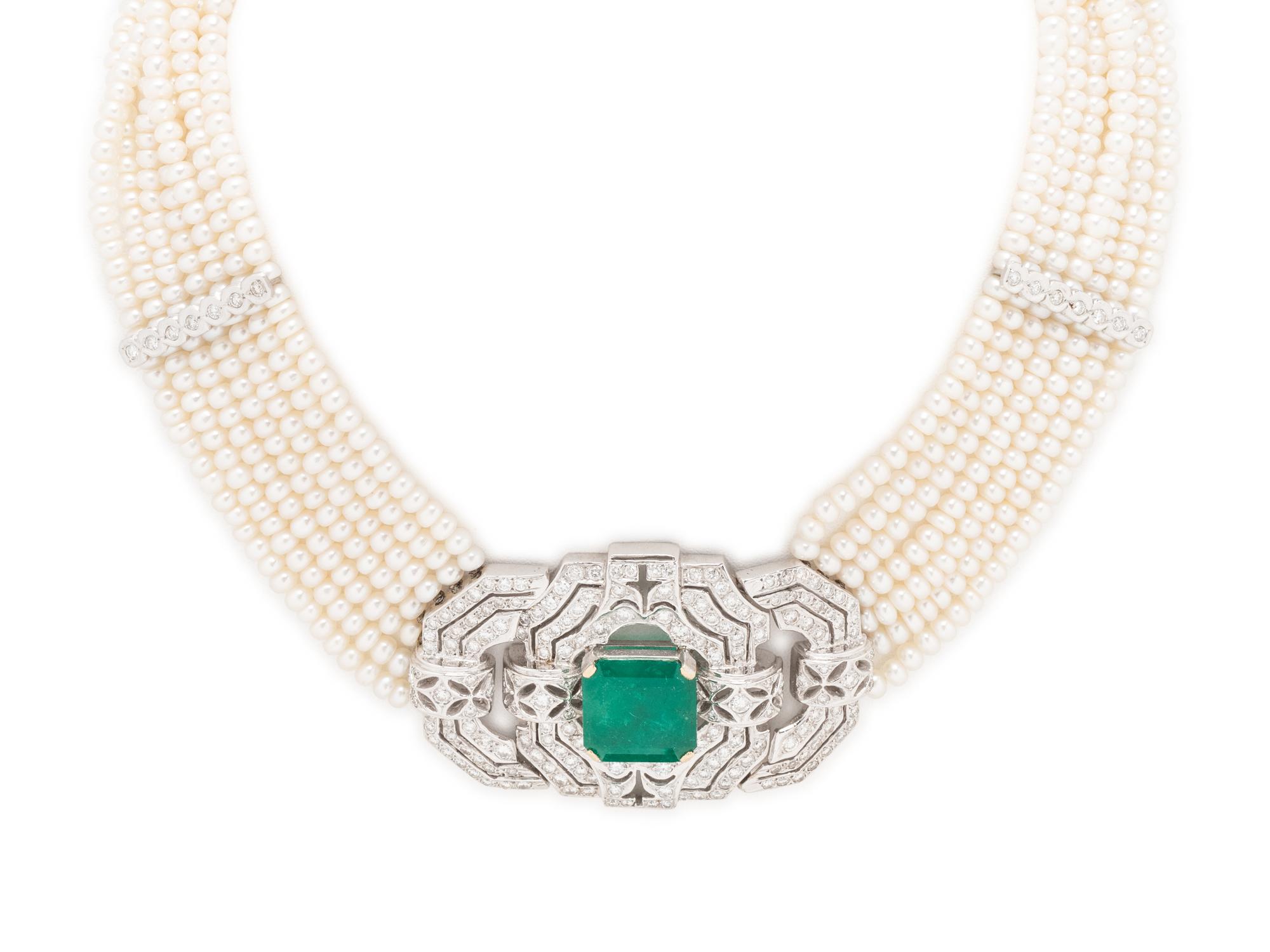 CULTURED PEARL, DIAMOND AND EMERALD CHOKER NECKLACE