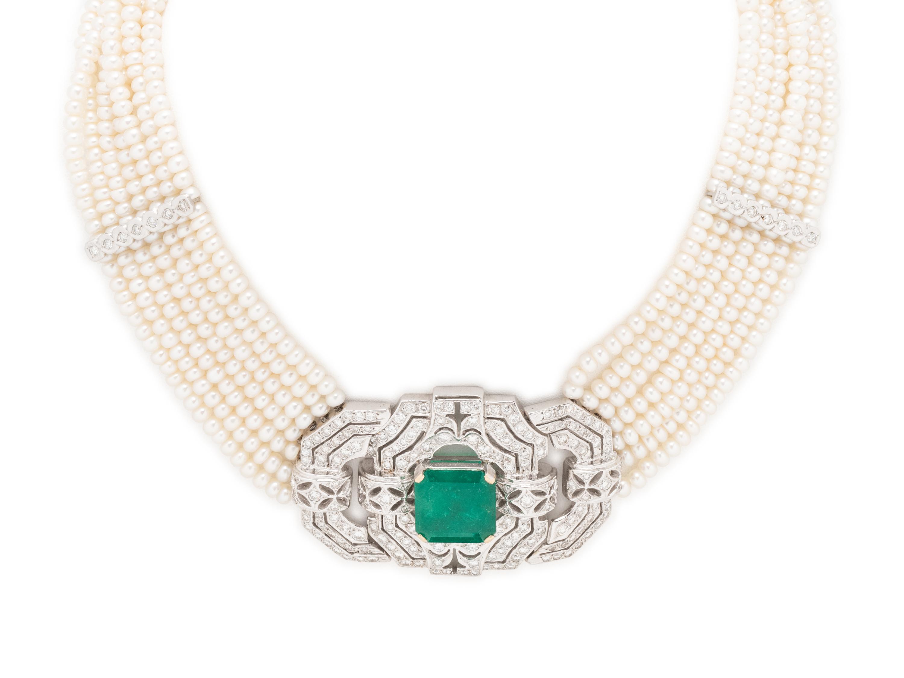 CULTURED PEARL, DIAMOND AND EMERALD CHOKER NECKLACE