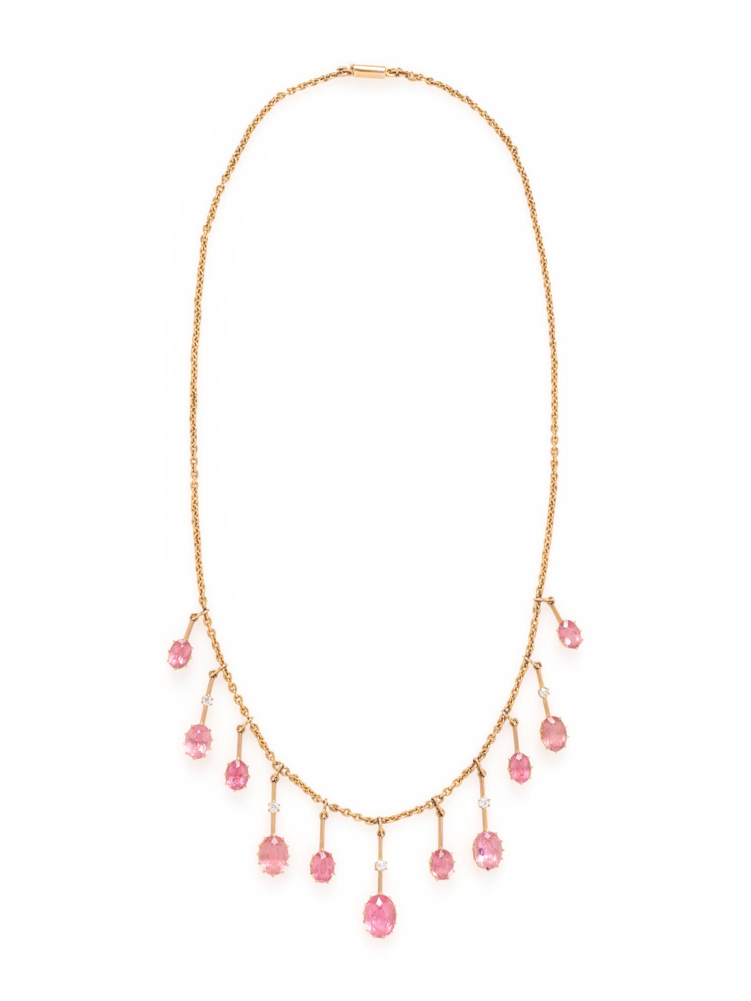 YELLOW GOLD, PINK TOURMALINE AND DIAMOND FRINGE NECKLACE