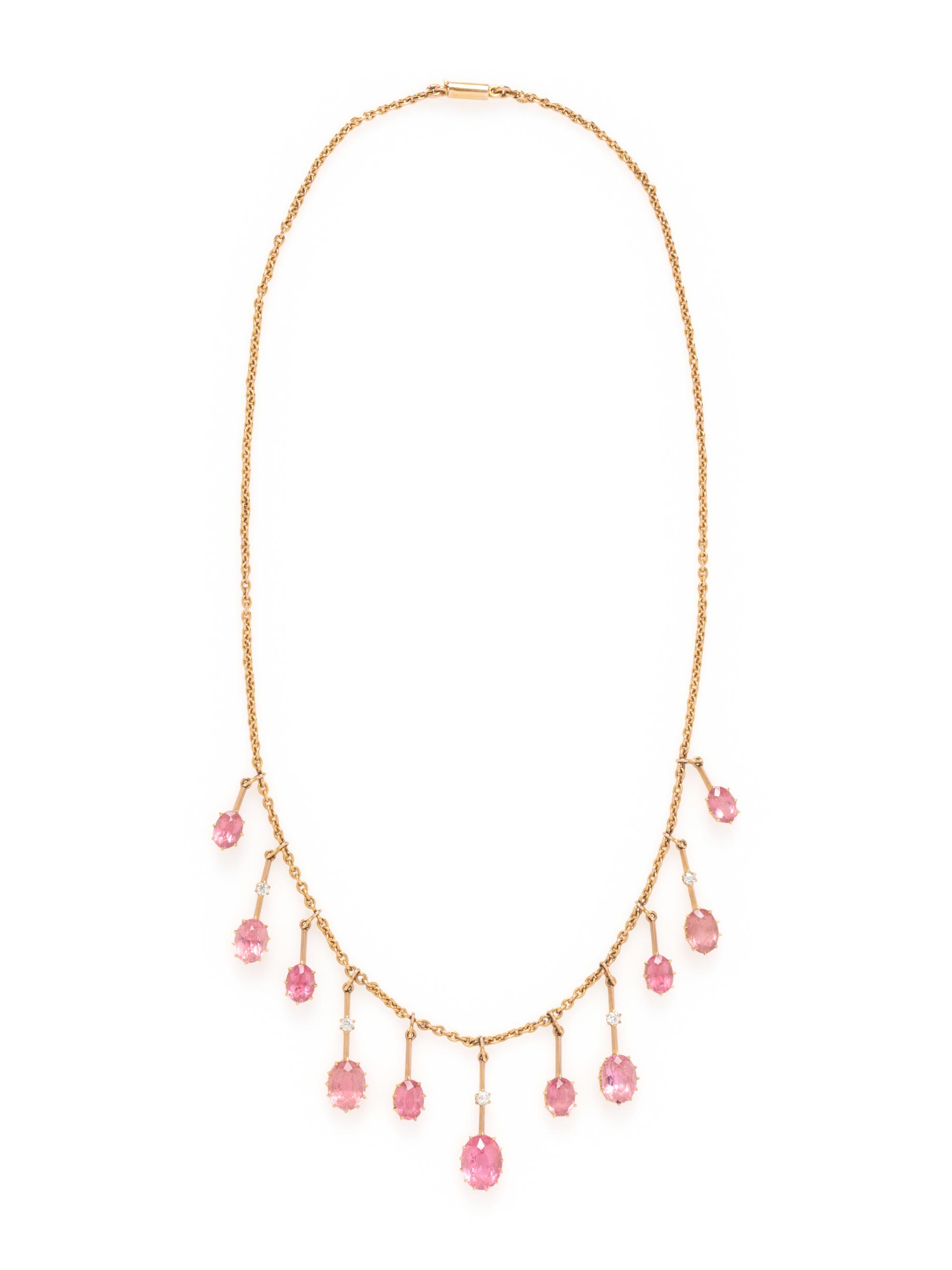 YELLOW GOLD, PINK TOURMALINE AND DIAMOND FRINGE NECKLACE