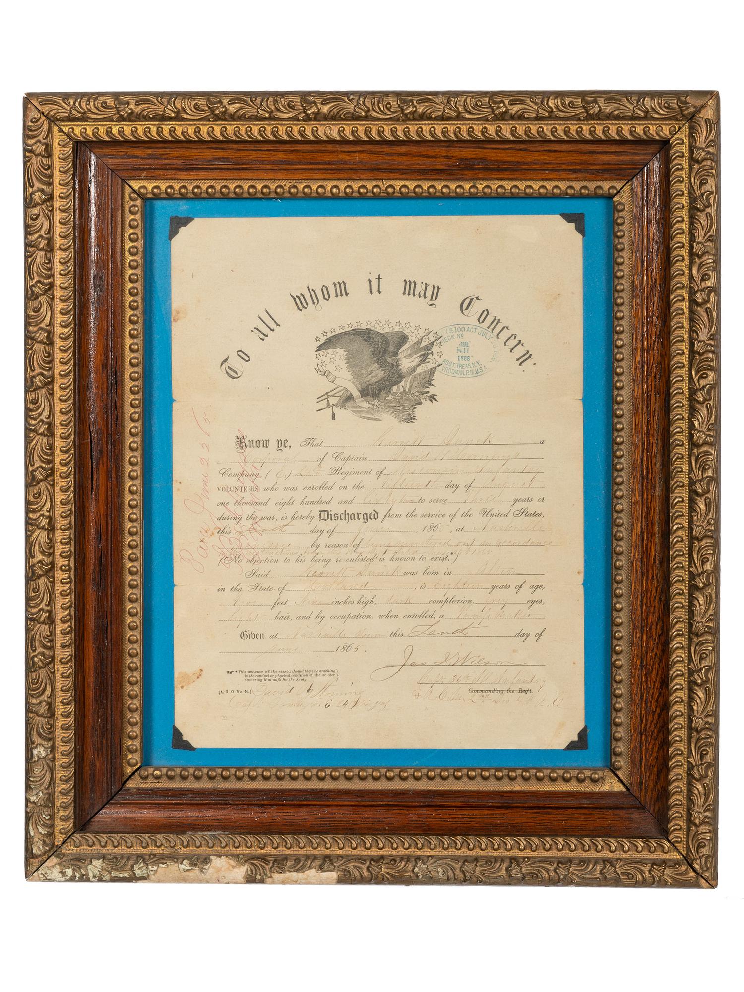 [CIVIL WAR]. A group of 6 Civil War discharge certificates for Wisconsin soldiers, comprising: