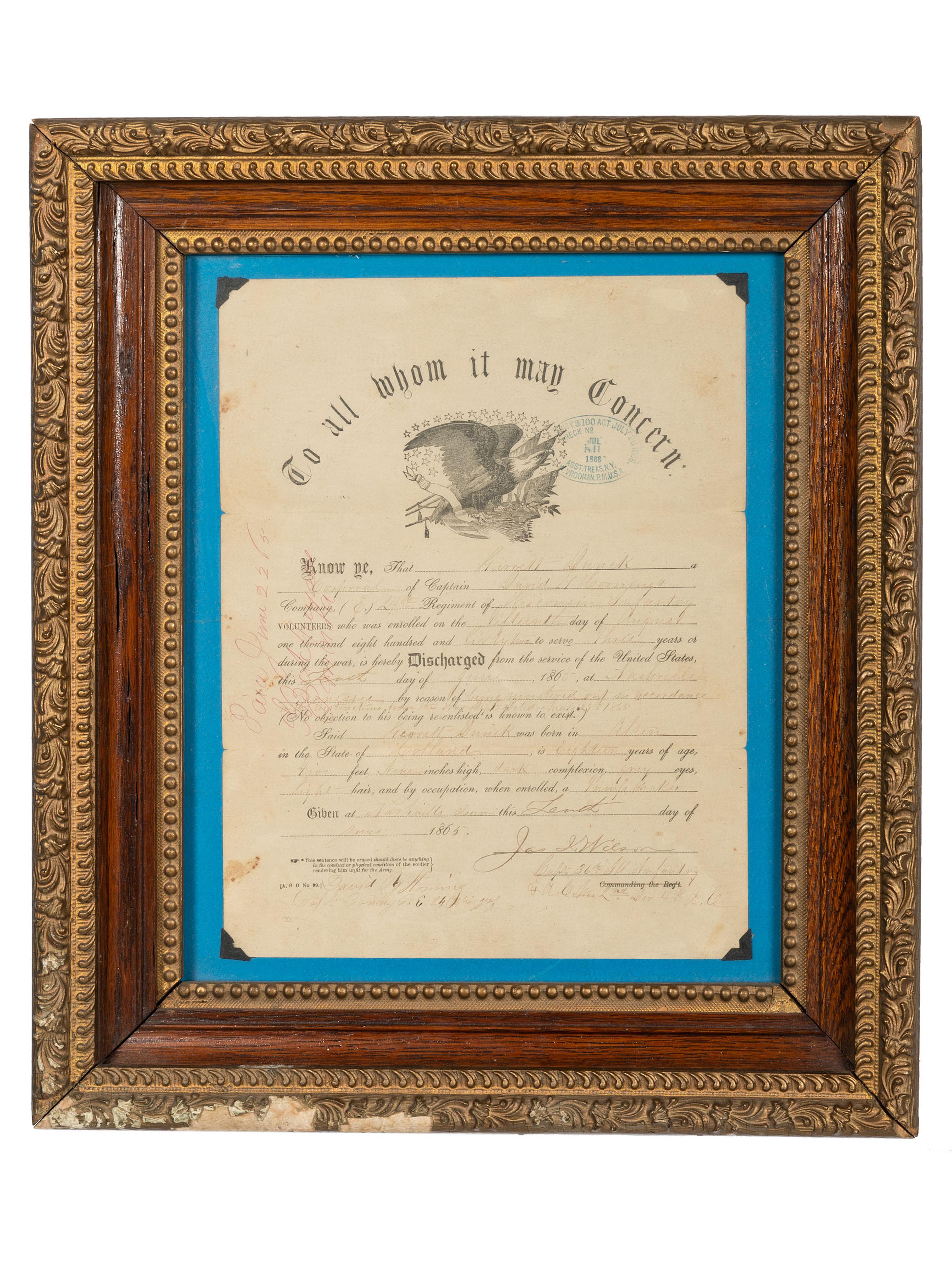 [CIVIL WAR]. A group of 6 Civil War discharge certificates for Wisconsin soldiers, comprising: