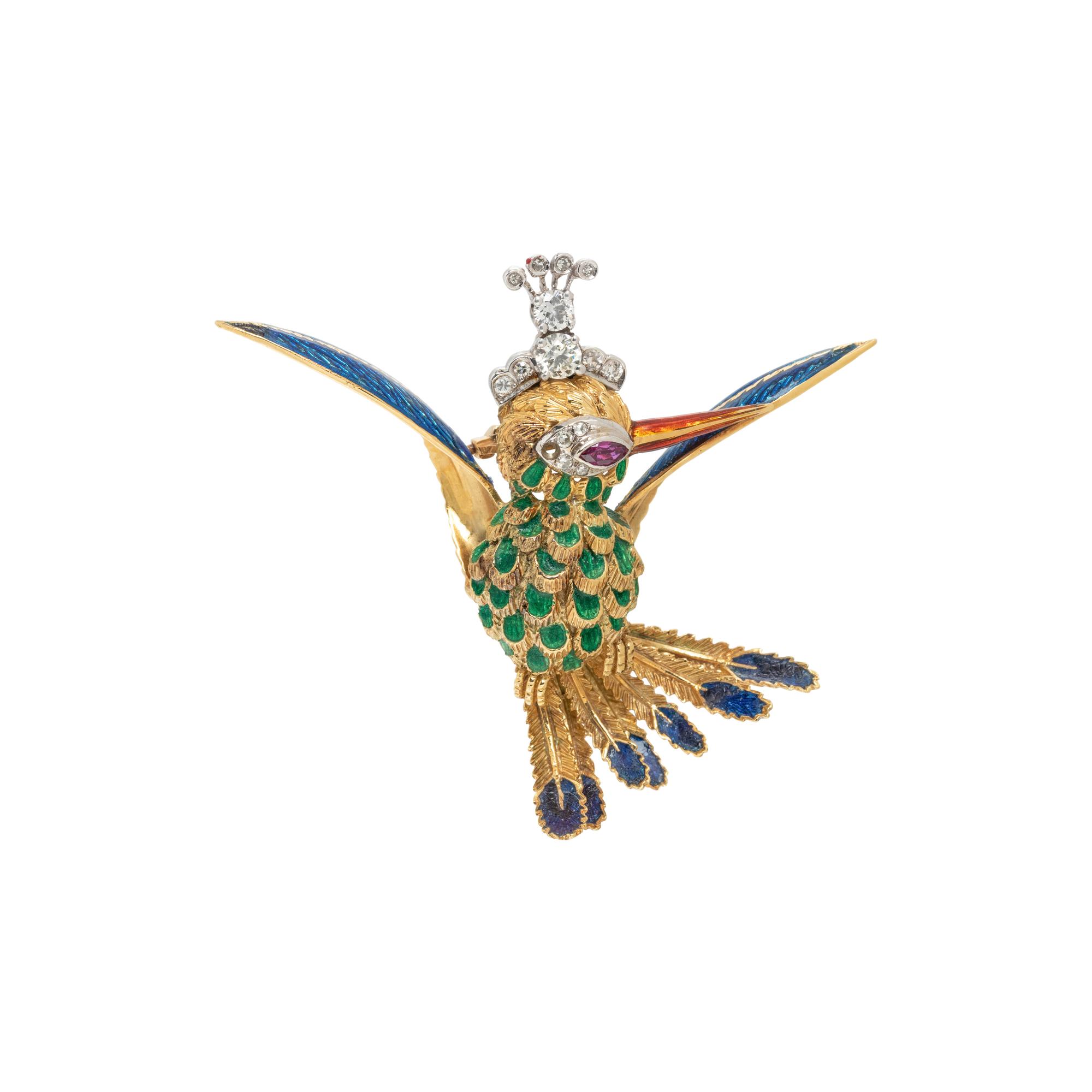 YELLOW GOLD, DIAMOND AND ENAMEL HUMMINGBIRD BROOCH
