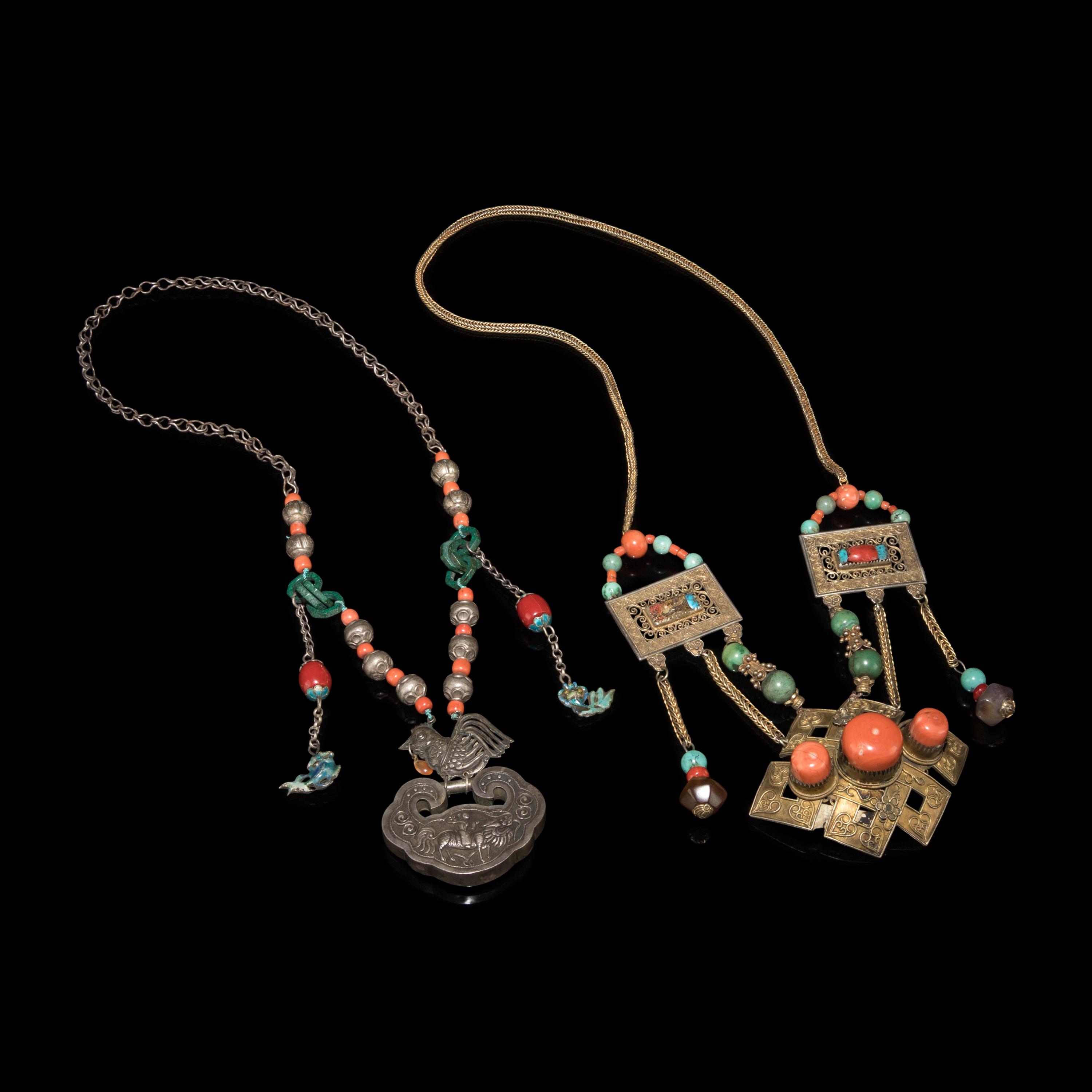 Two Chinese Silver and Coral Necklaces, 19th Century
