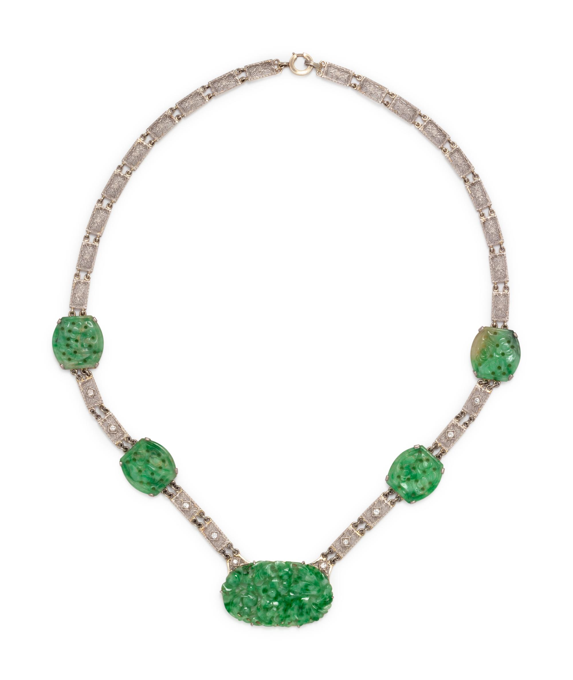 WHITE GOLD, JADE AND DIAMOND NECKLACE
