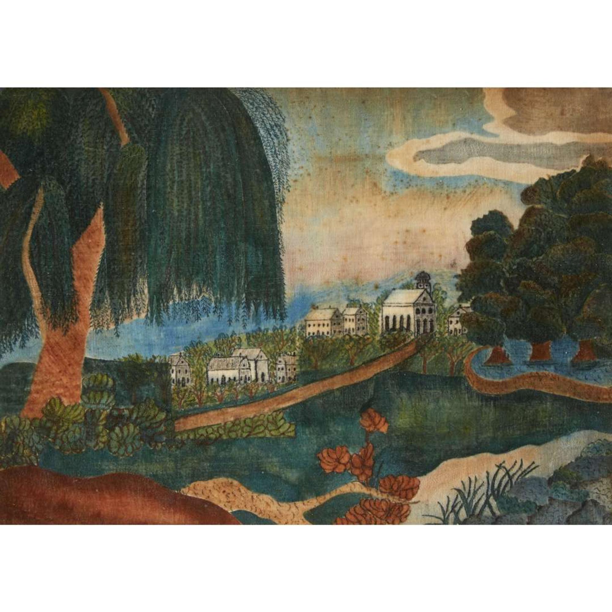 American School 19th century Theorem: landscape, Rezpah E. Eye, Portland, ME, circa 1820