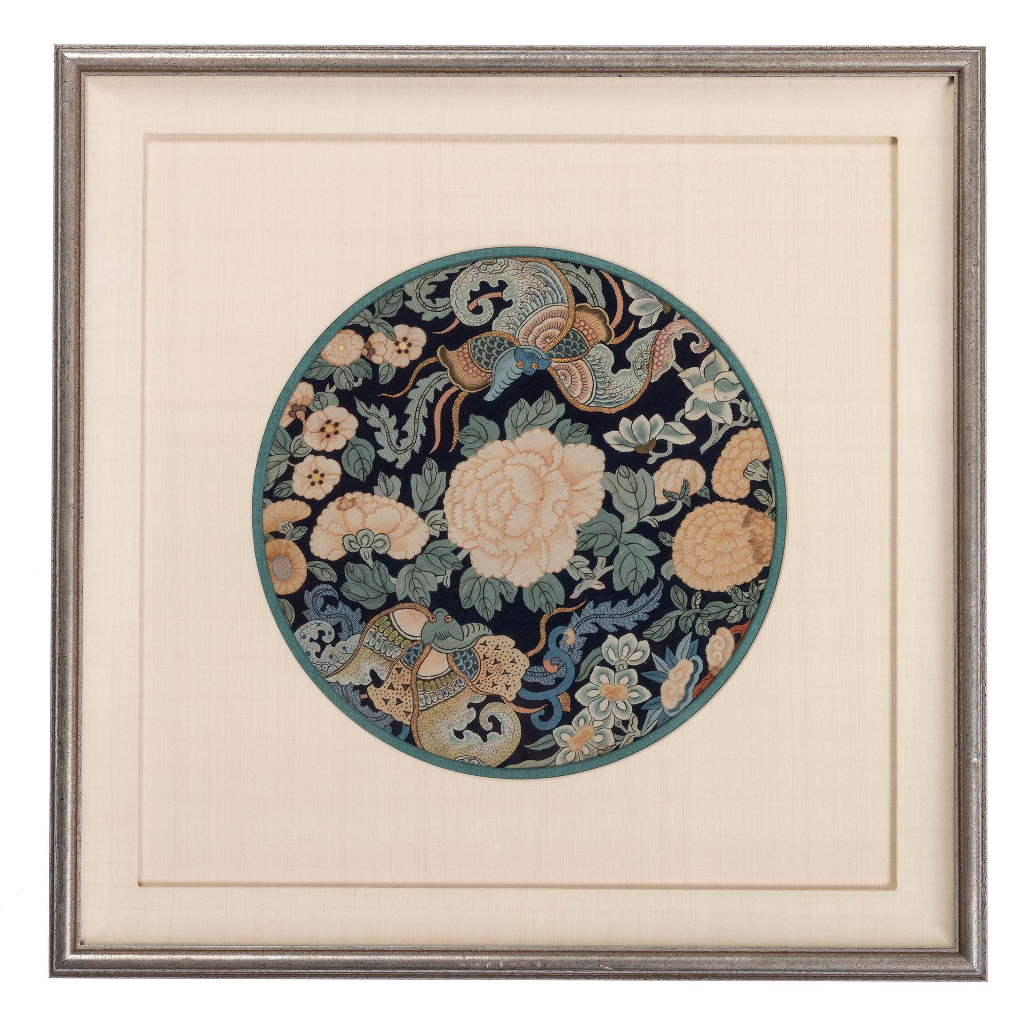 Four Blue Ground Kesi Woven Silk Circular Panels