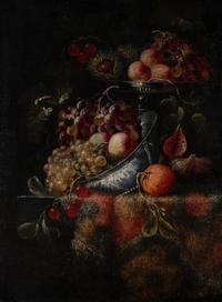 Still Life with Fruit on a Tazza and a Porcelain Bowl, All on a Carpet-Covered Table