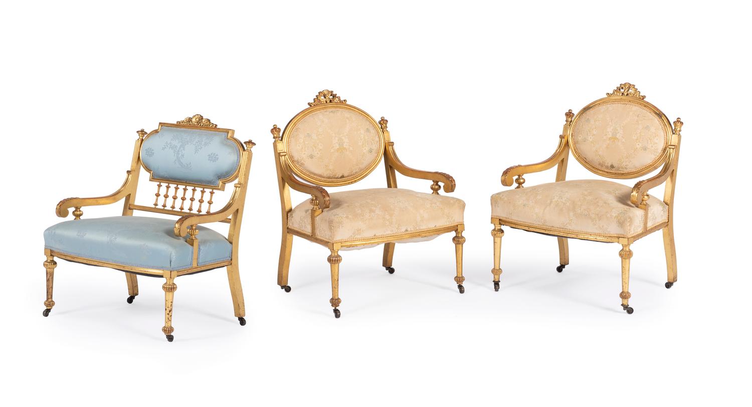 Three Louis XVI Style Carved Giltwood Fauteuils