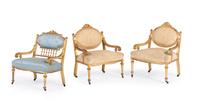 Three Louis XVI Style Carved Giltwood Fauteuils