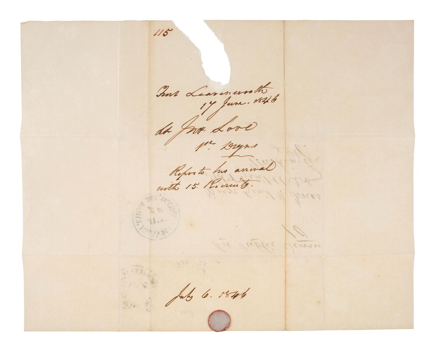[LEAVENWORTH]. A group of 4 stampless covers addressed to Adjutant General Robert Jones in Washington, DC, including two with 1840s Fort Leavenworth cancellations, comprising: