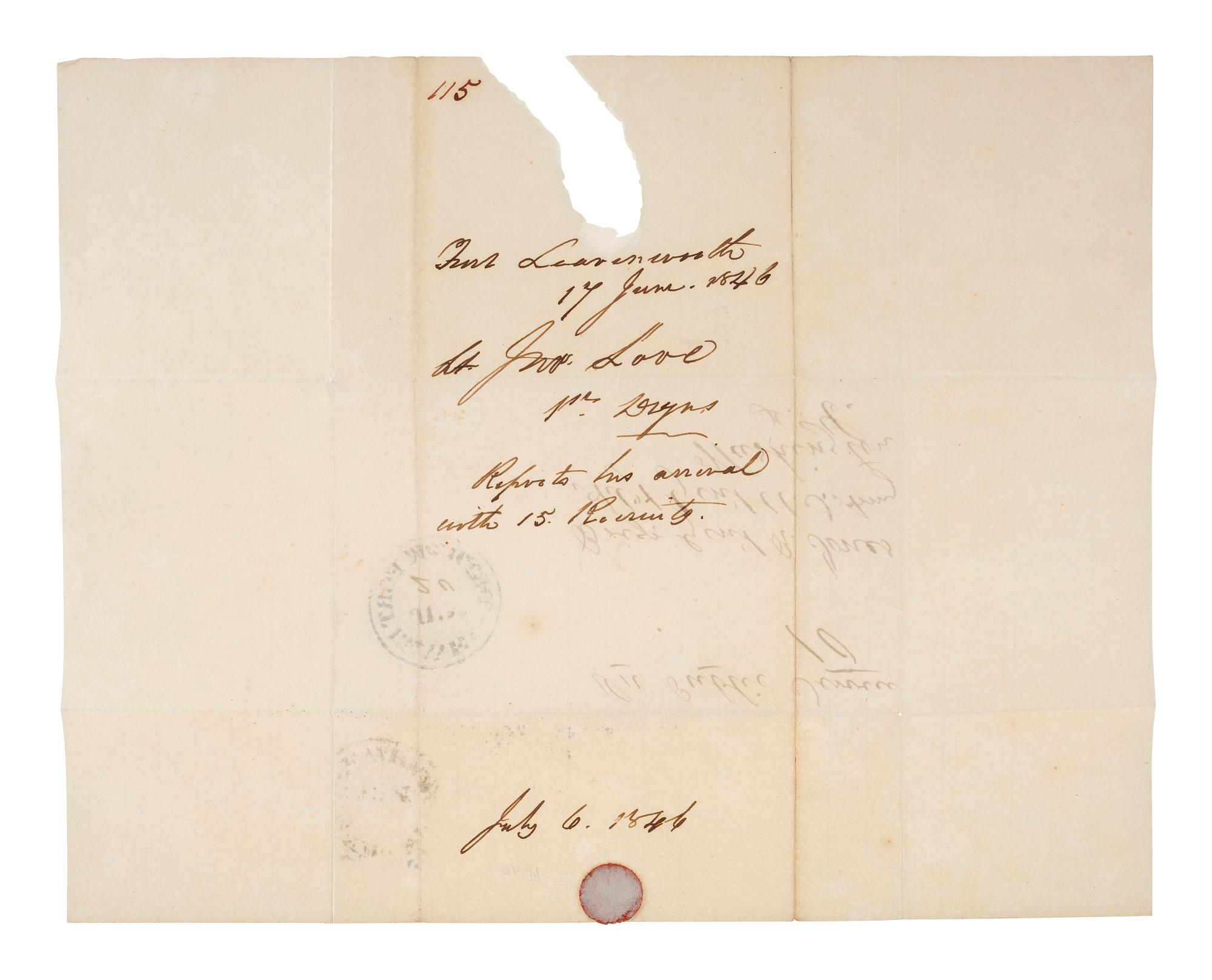 [LEAVENWORTH]. A group of 4 stampless covers addressed to Adjutant General Robert Jones in Washington, DC, including two with 1840s Fort Leavenworth cancellations, comprising: