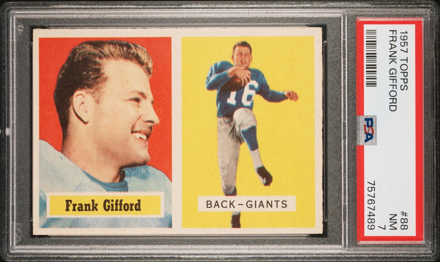 A 1957 Topps Frank Gifford Football Card No. 88 (PSA 7 NM) and 1962 Topps Johnny Unitas Football Card No. 1 (PSA 5 EX)