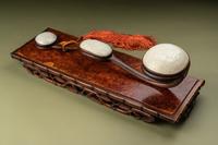 A Large White Jade Inset Hardwood Ruyi Scepter