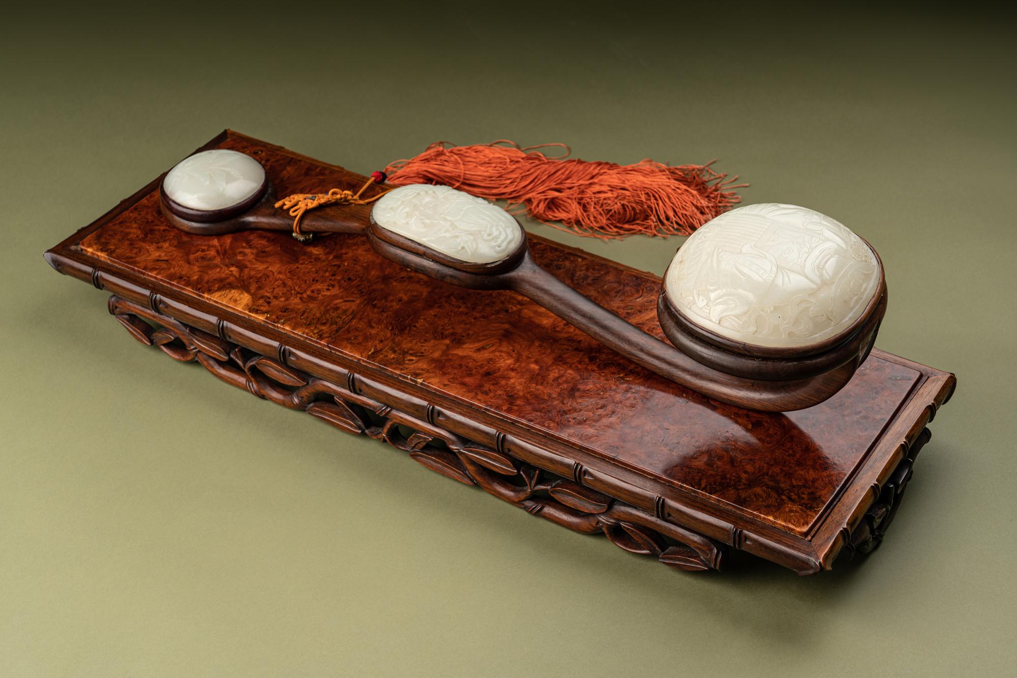 A Large White Jade Inset Hardwood Ruyi Scepter