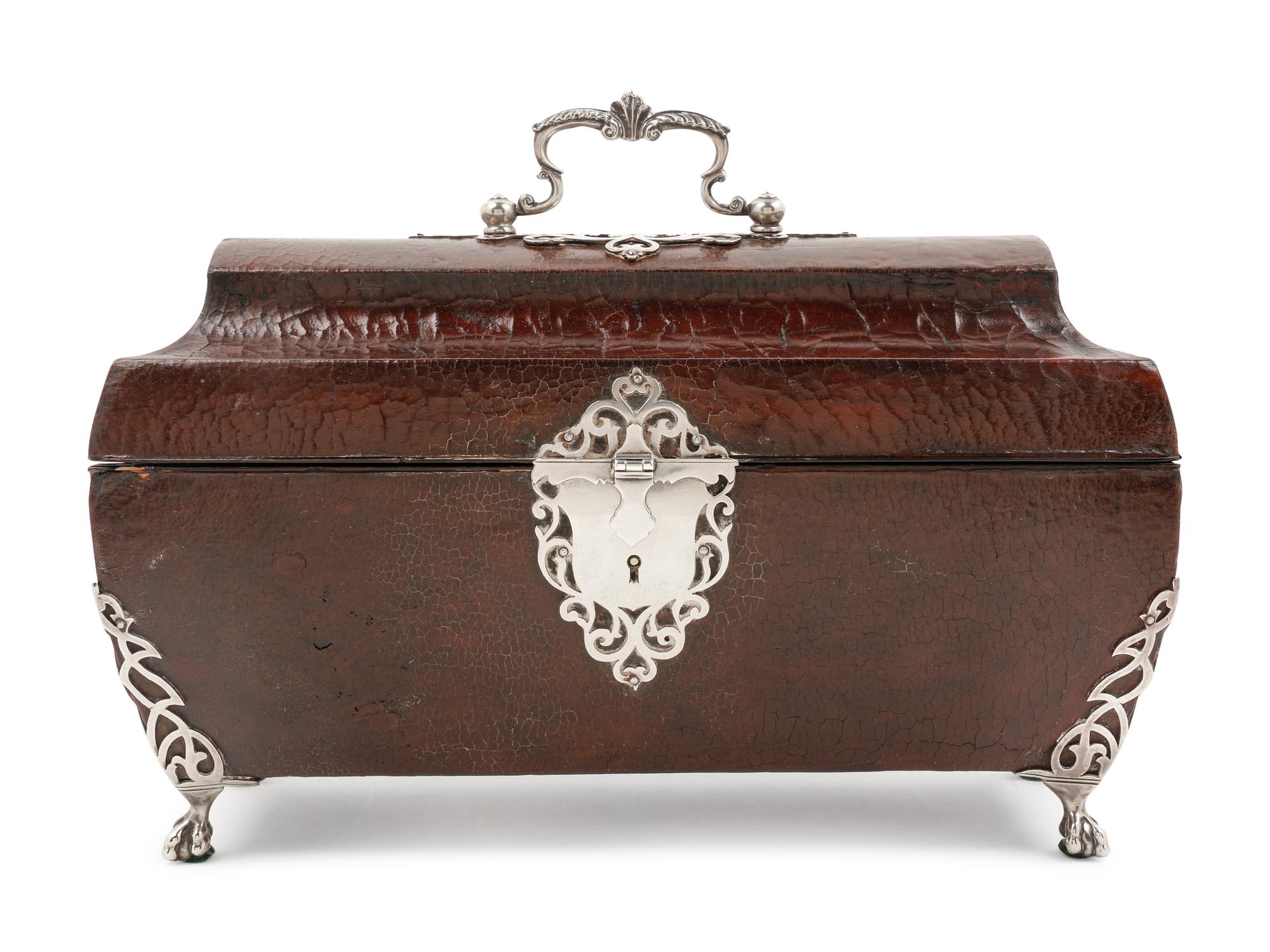 Three George III Silver Tea Caddies in a Leather-Cased Box