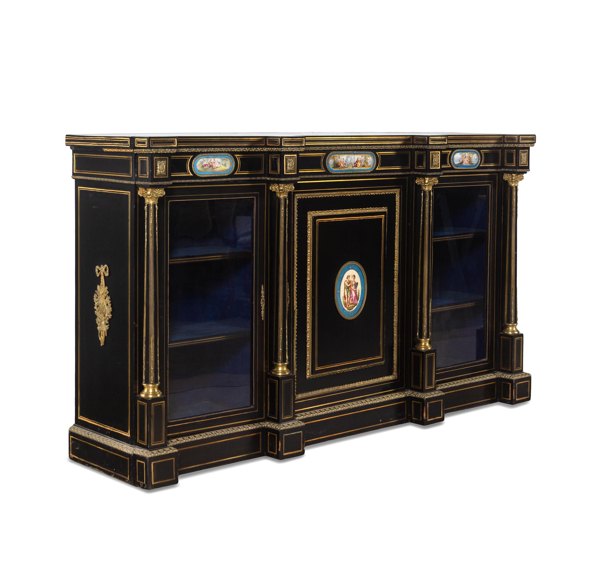 A French Ebonized, Gilt Bronze and Porcelain Mounted Console Cabinet