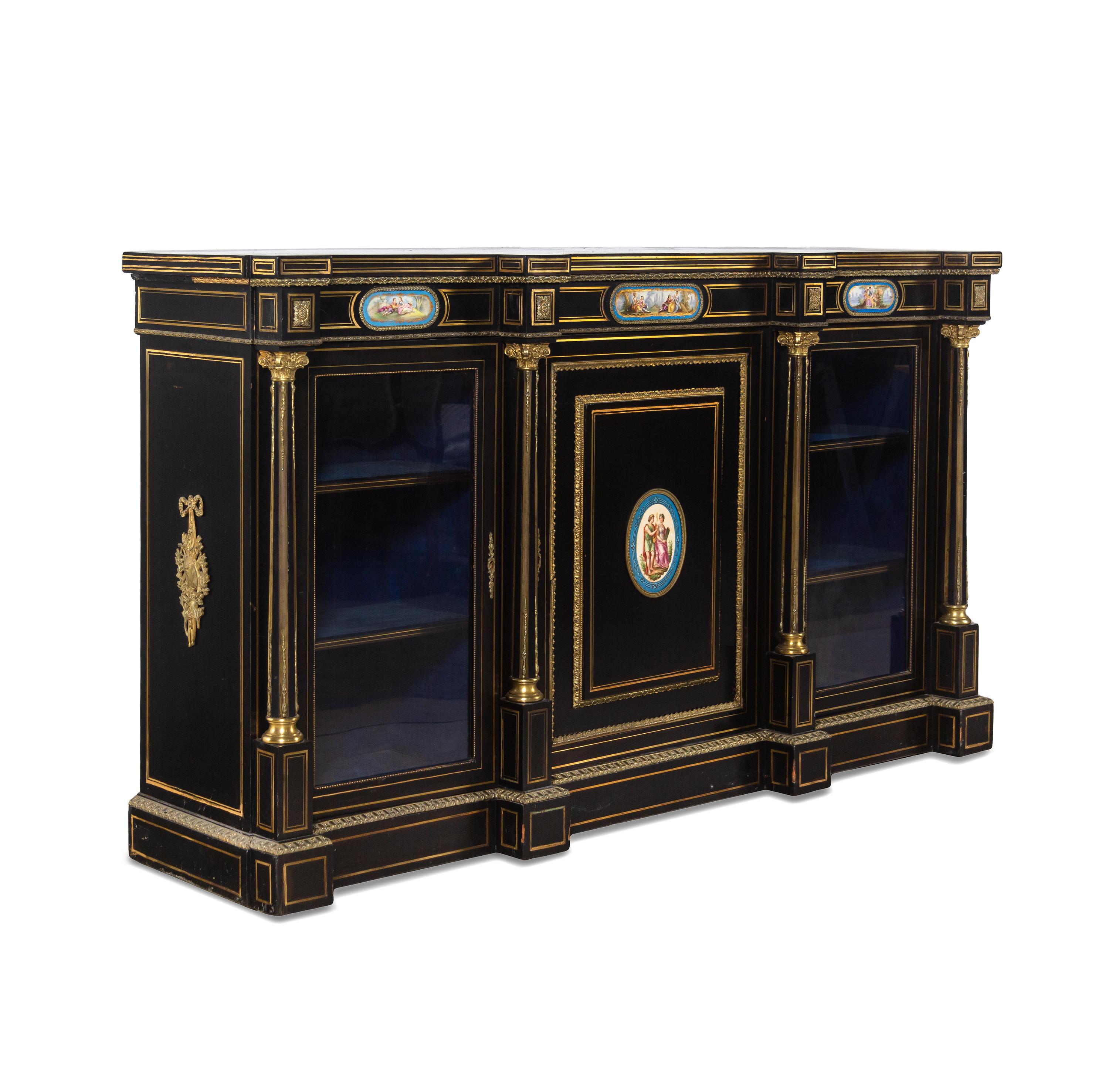 A French Ebonized, Gilt Bronze and Porcelain Mounted Console Cabinet