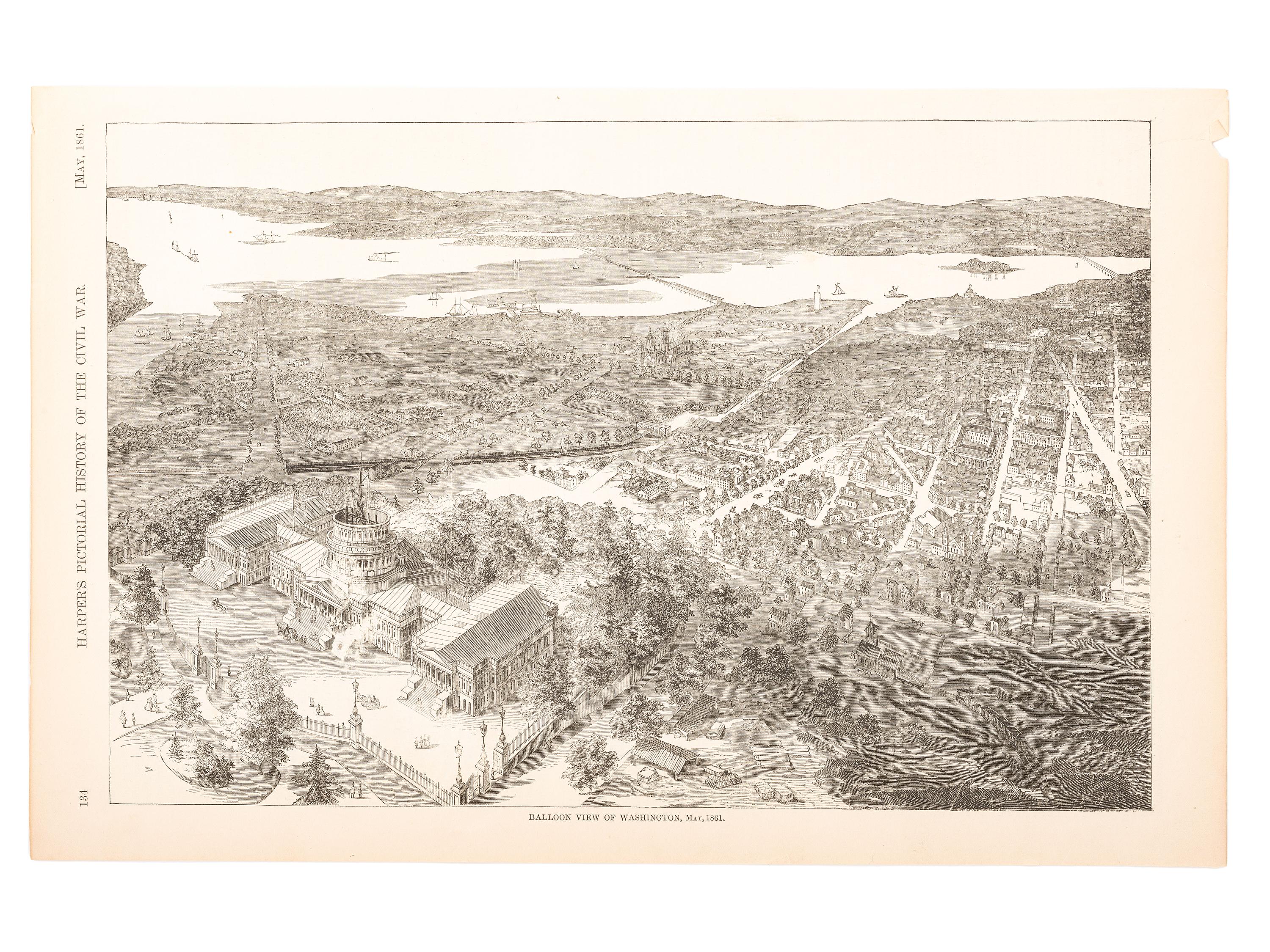 [MAPS & ATLASES]. [WELLS, Jacob]. Balloon View of Washington, May, 1861. New York: [Harper's Weekly], [1866?]. [ With :] Railroad Map of the State of New York . Buffalo, [1900].