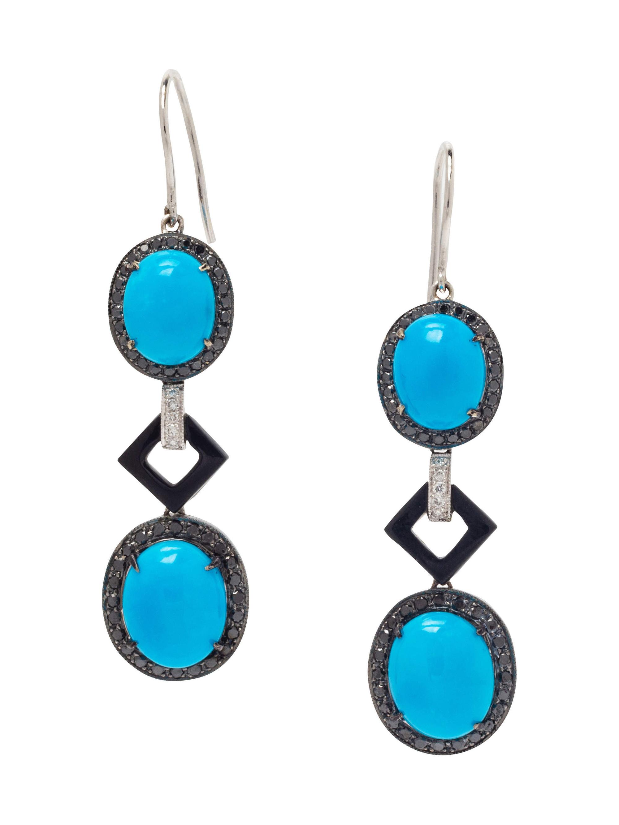 A Pair of 18 Karat White Gold, Turquoise, Black Diamond, Diamond and Onyx Earrings,