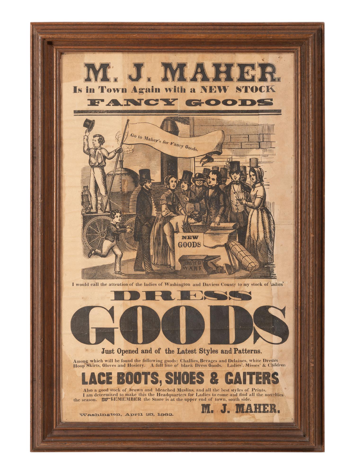 [CIVIL WAR] M.J. Maher. Is in Town Again with a New Stock Fancy Goods. Washington, IN, 1862.