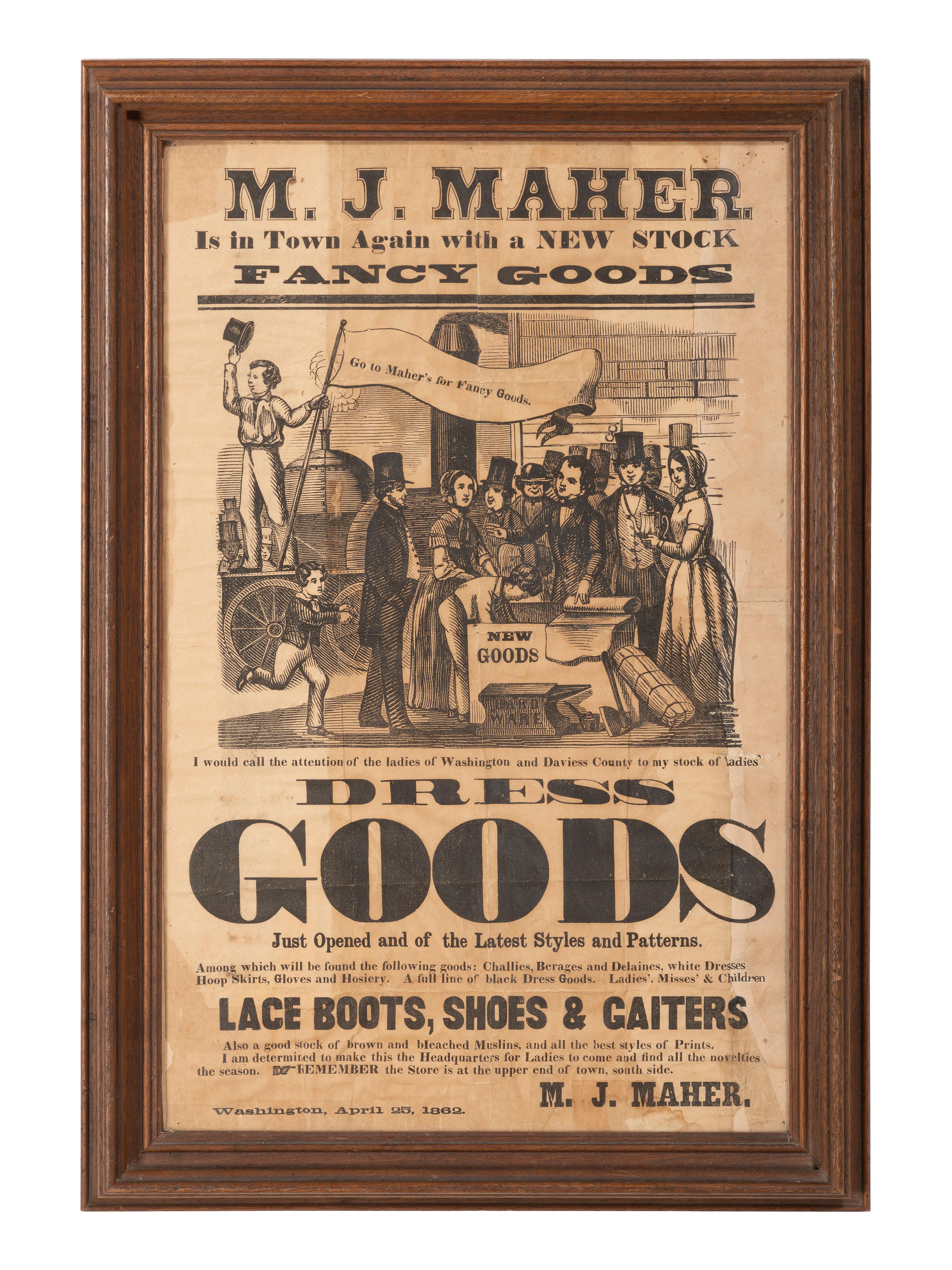 [CIVIL WAR] M.J. Maher. Is in Town Again with a New Stock Fancy Goods. Washington, IN, 1862.