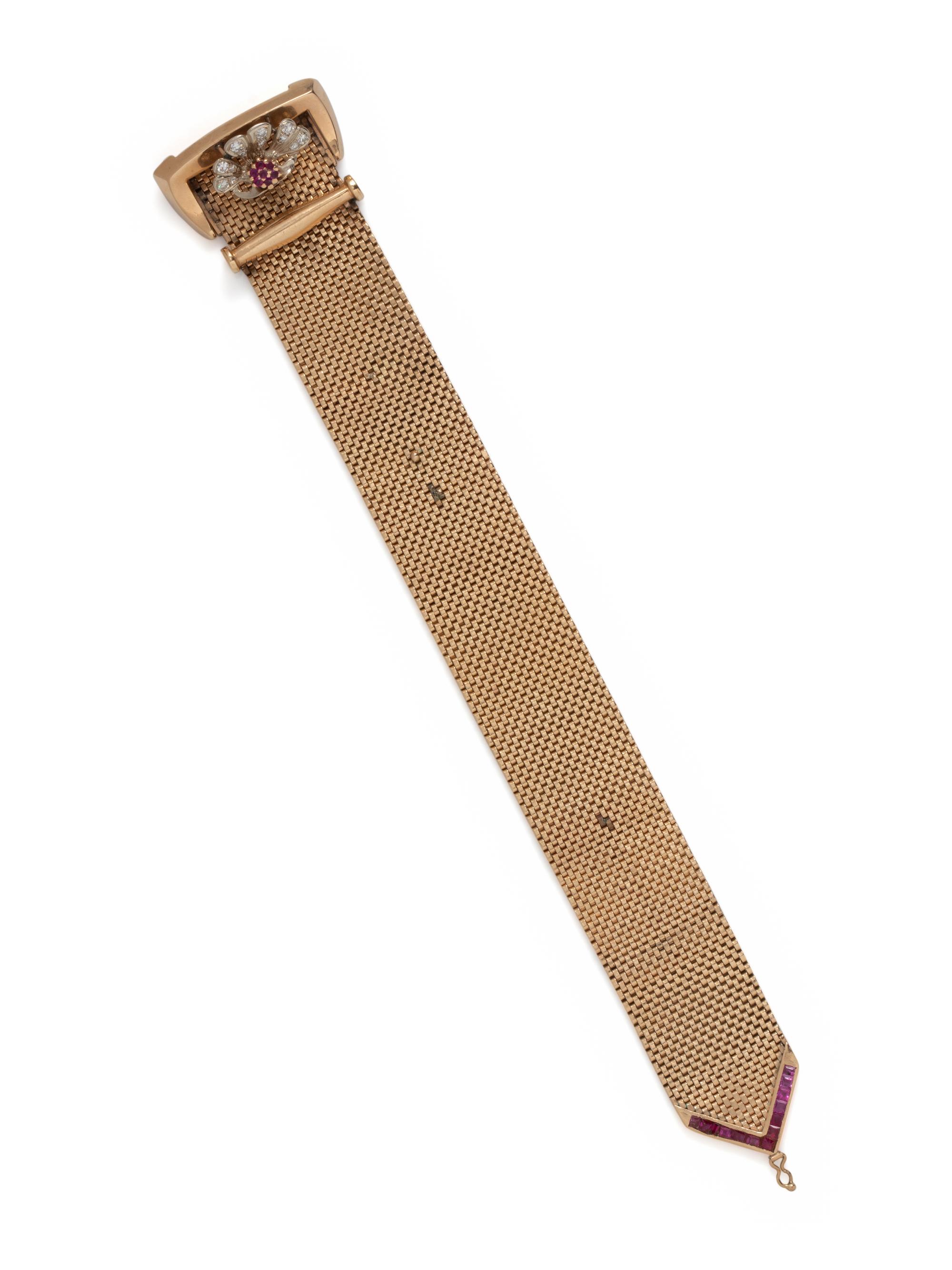 RETRO, YELLOW GOLD, RUBY AND DIAMOND BELT MOTIF BRACELET