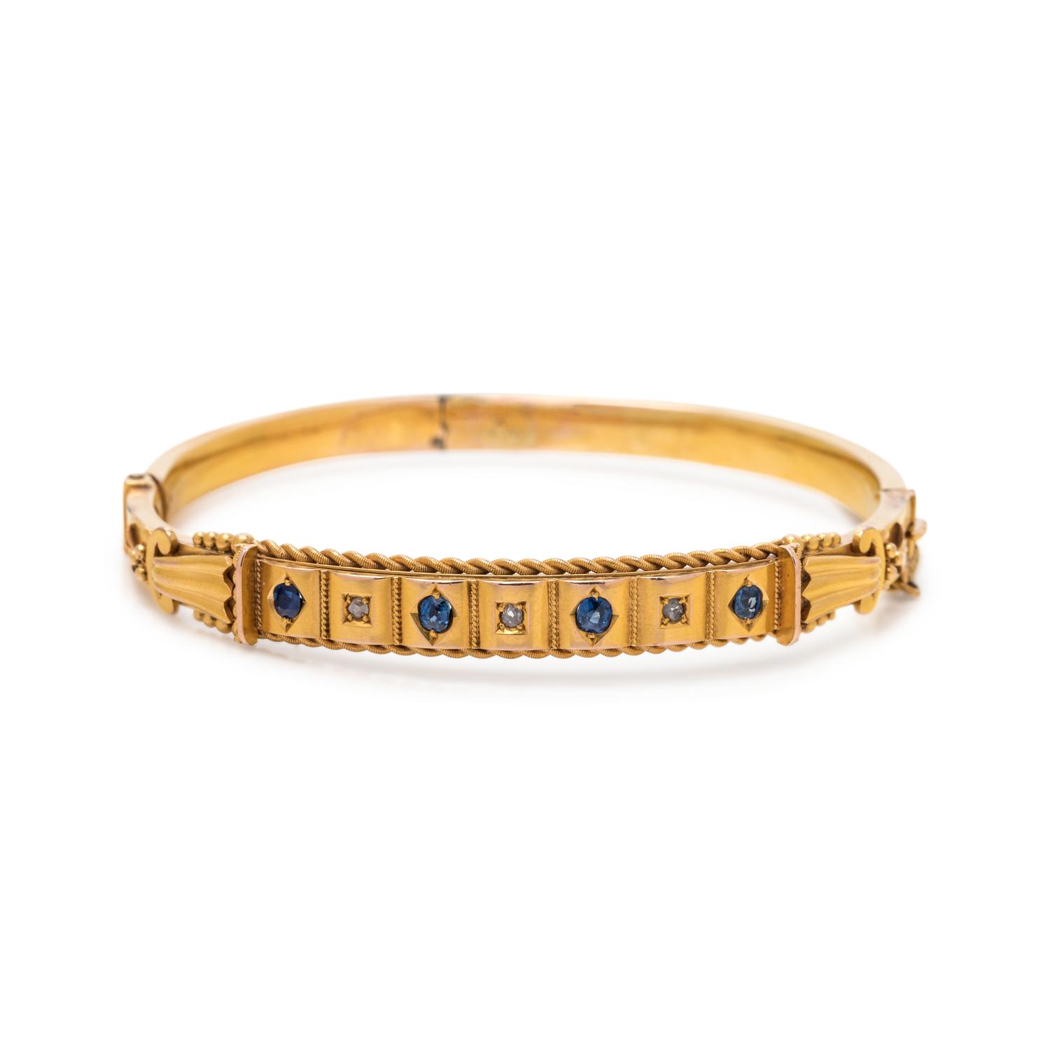 ANTIQUE, YELLOW GOLD, SAPPHIRE AND DIAMOND BANGLE BRACELET