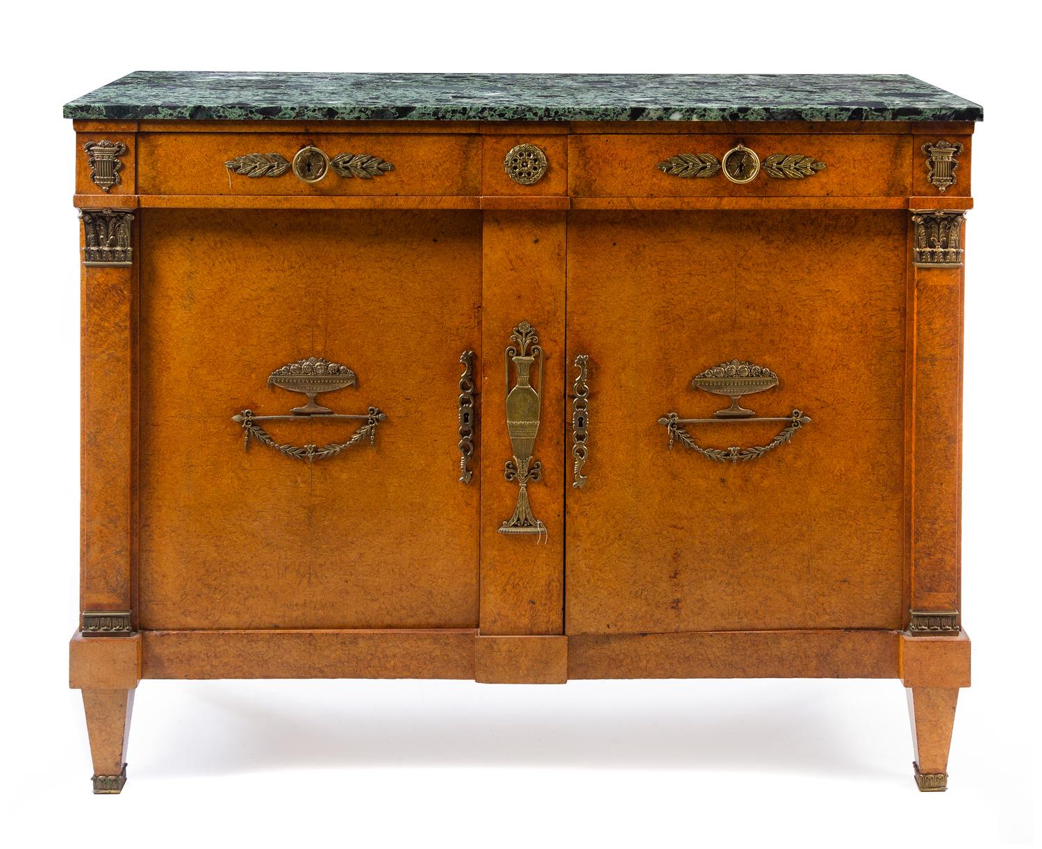 An Empire Style Gilt Metal Mounted Burlwood Cabinet Height 40 x width 51 x depth 18 1/2 inches. — 20TH CENTURY