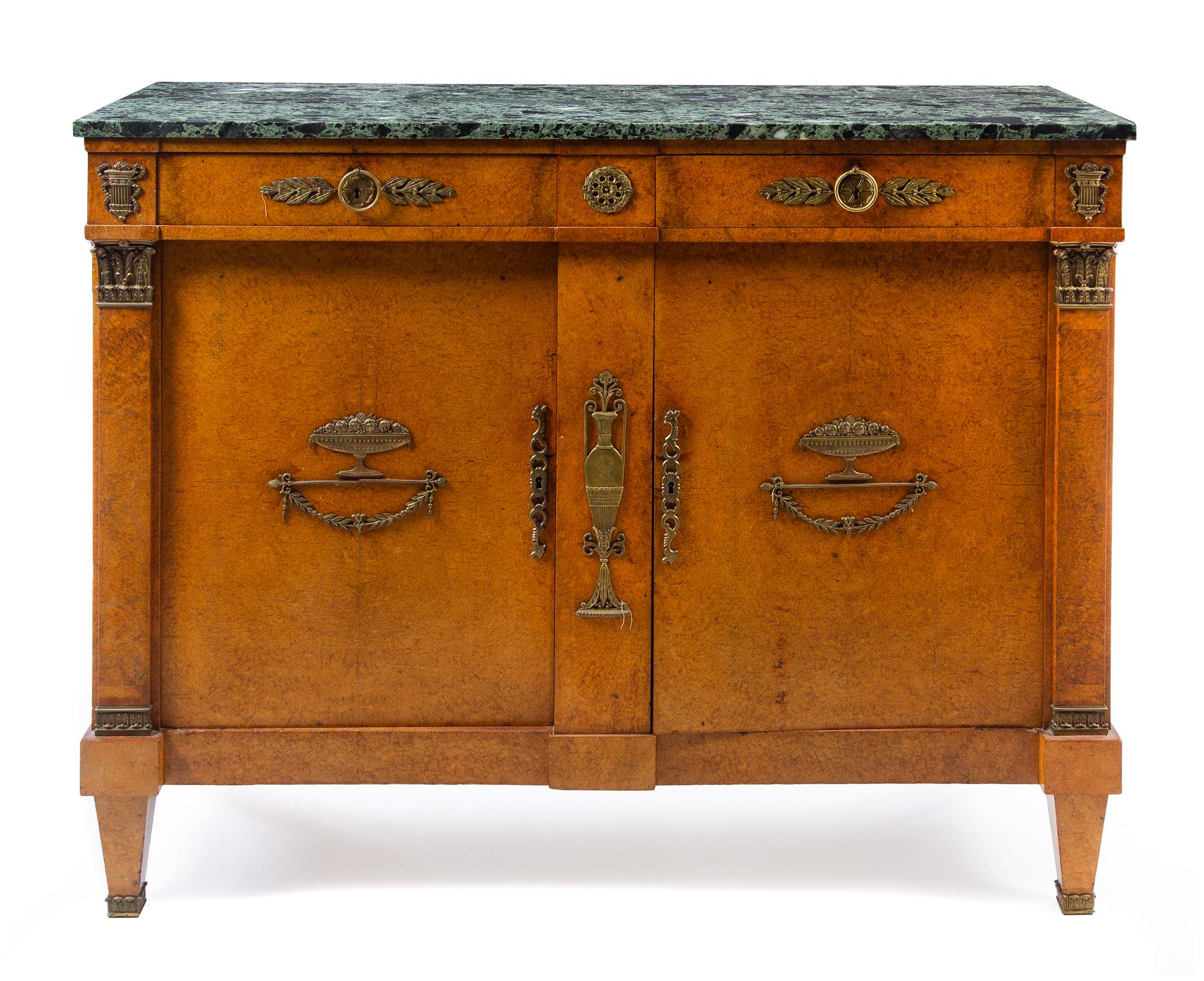 An Empire Style Gilt Metal Mounted Burlwood Cabinet Height 40 x width 51 x depth 18 1/2 inches. — 20TH CENTURY