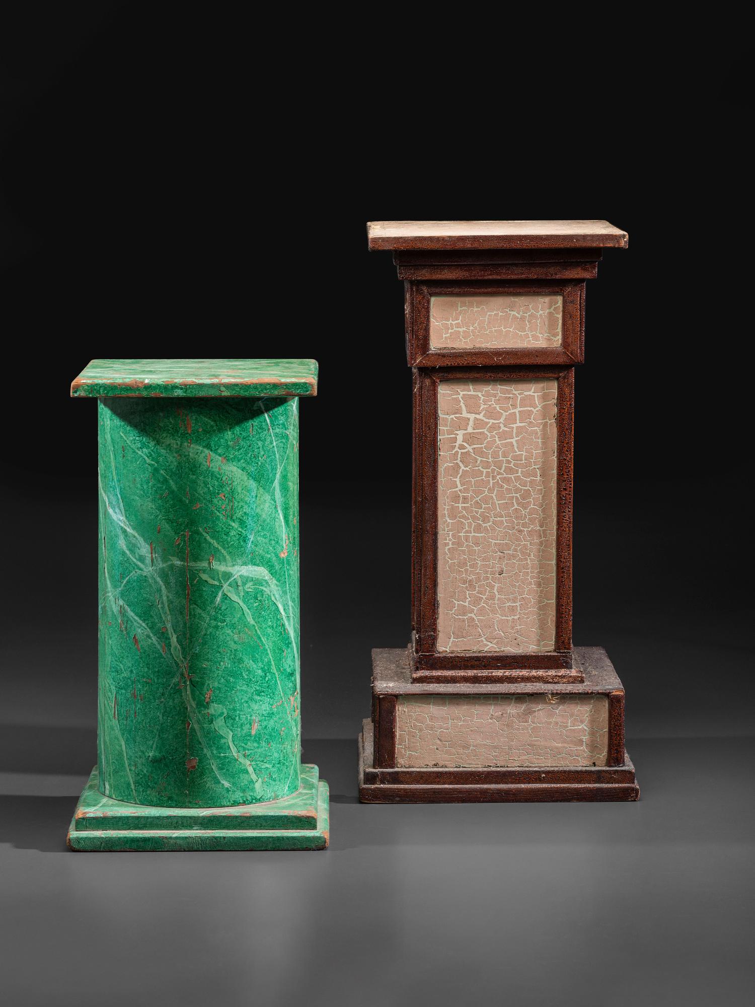 Two Faux Marble Painted Wood Pedestals