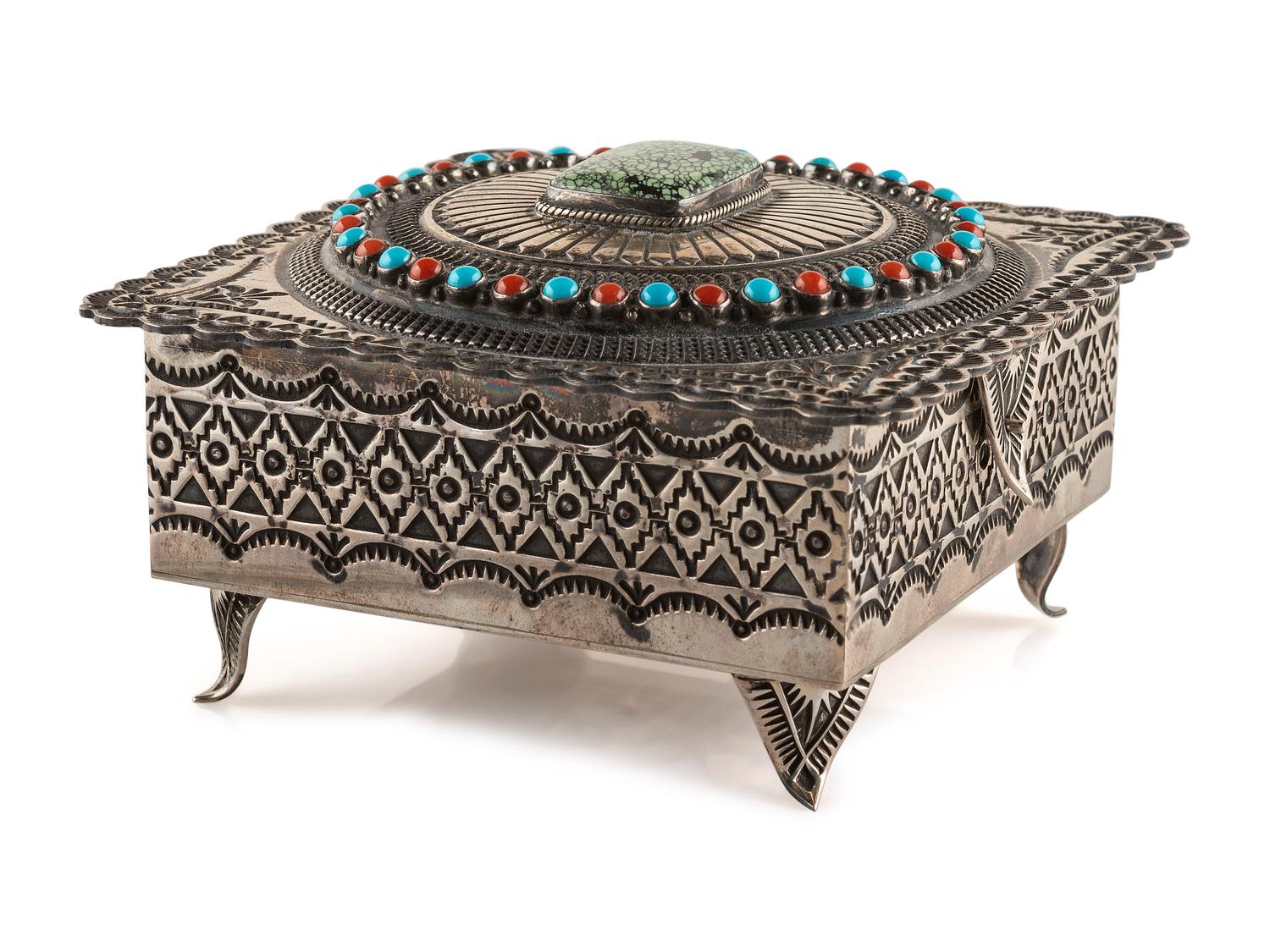 Heavily Stamped Sterling Silver Lidded Box, with Turquoise and Coral Inlay