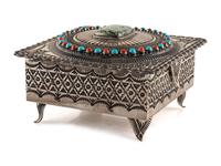 Heavily Stamped Sterling Silver Lidded Box, with Turquoise and Coral Inlay