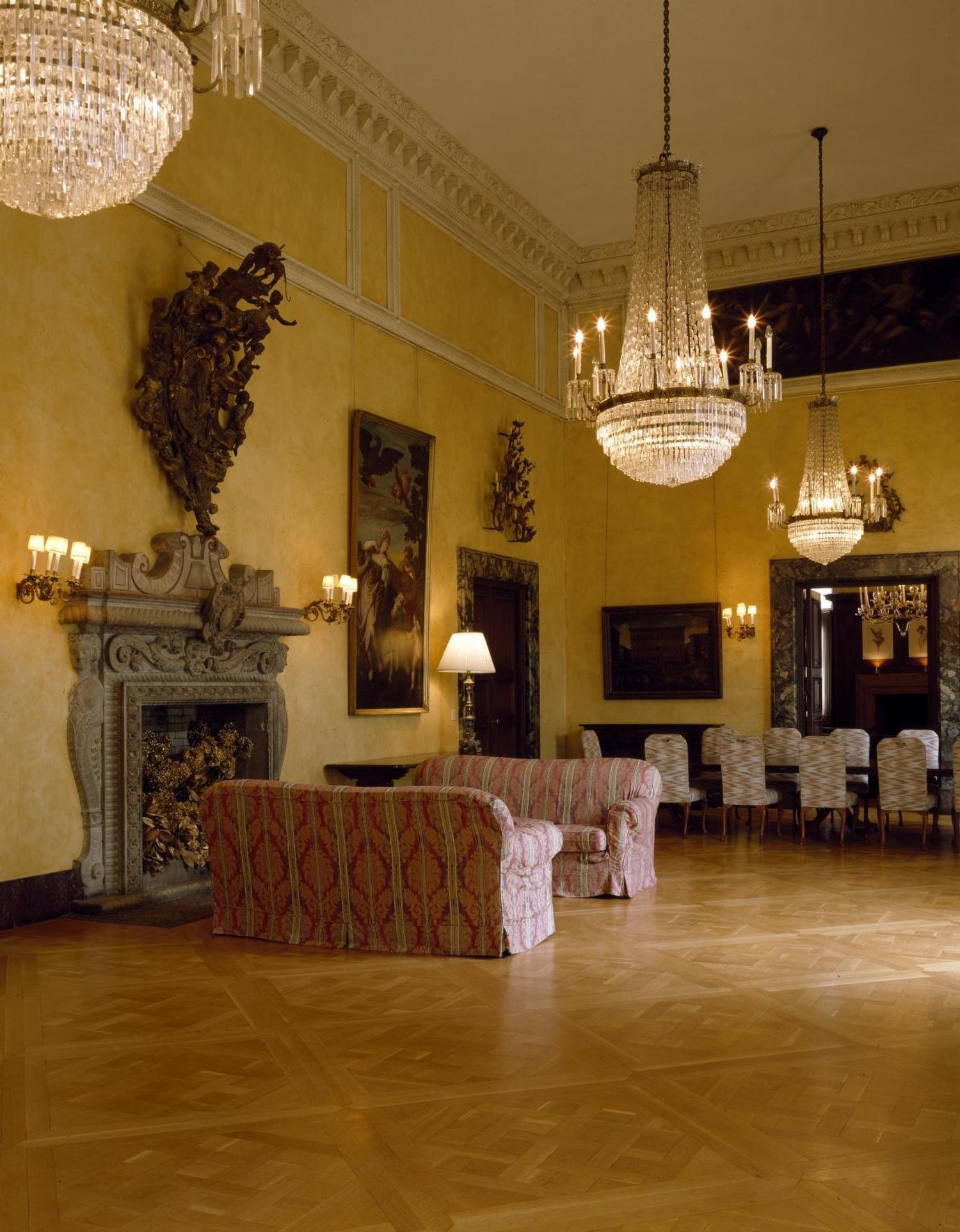 Two Large Gilt Metal and Cut Glass Chandeliers from the Embassy of Italy, Washington, D.C.