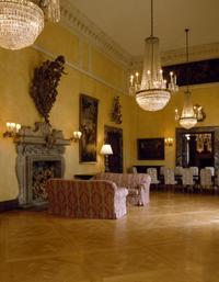 Two Large Gilt Metal and Cut Glass Chandeliers from the Embassy of Italy, Washington, D.C.