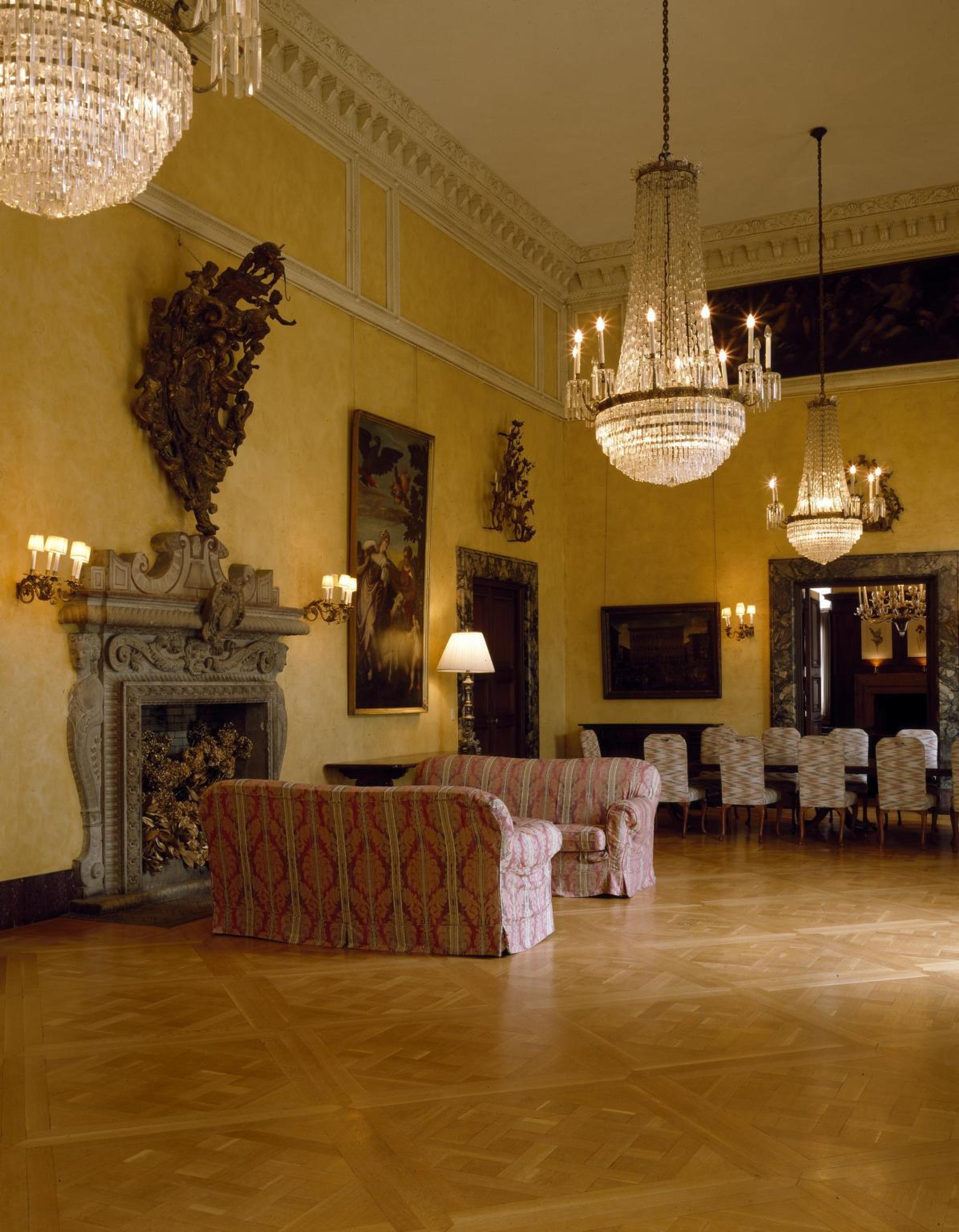 Two Large Gilt Metal and Cut Glass Chandeliers from the Embassy of Italy, Washington, D.C.