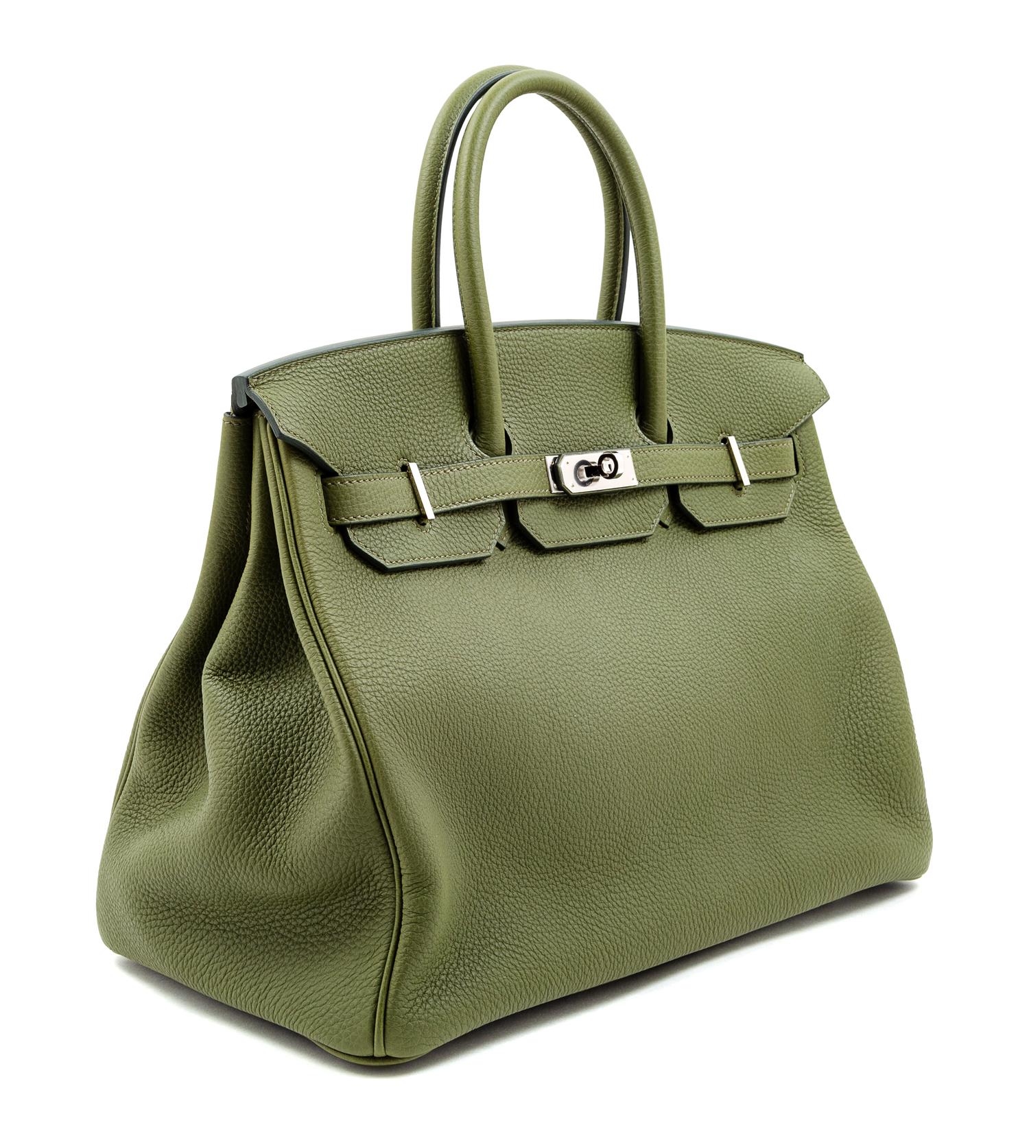 An Hermès Olive Green Togo 35cm Birkin, 11" H x 14" W x 7.5" D; Handle drop: 4.25".