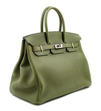 An Hermès Olive Green Togo 35cm Birkin, 11" H x 14" W x 7.5" D; Handle drop: 4.25".