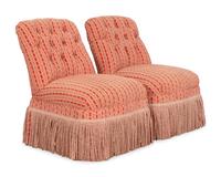 A Pair of Custom Button-Tufted Slipper Chairs with Bullion Fringe