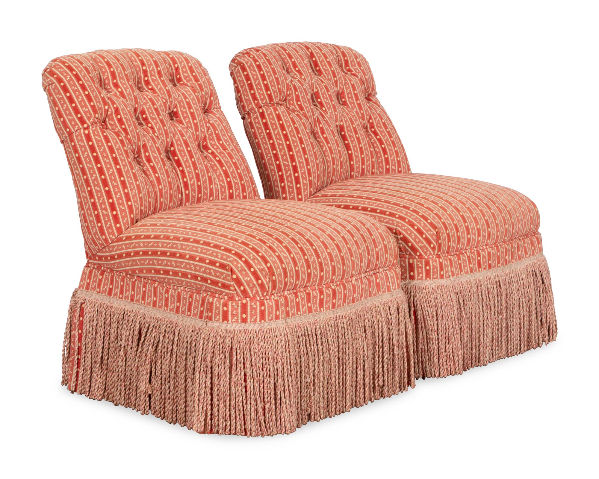 A Pair of Custom Button-Tufted Slipper Chairs with Bullion Fringe