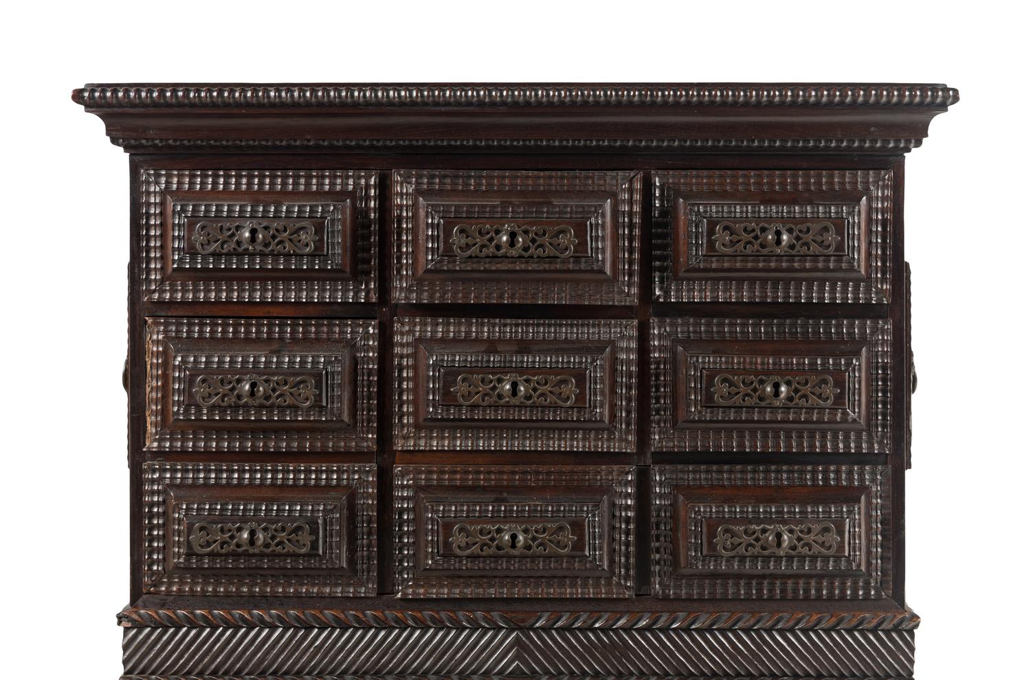 A Portuguese Baroque Style Carved Walnut Cabinet on Stand
