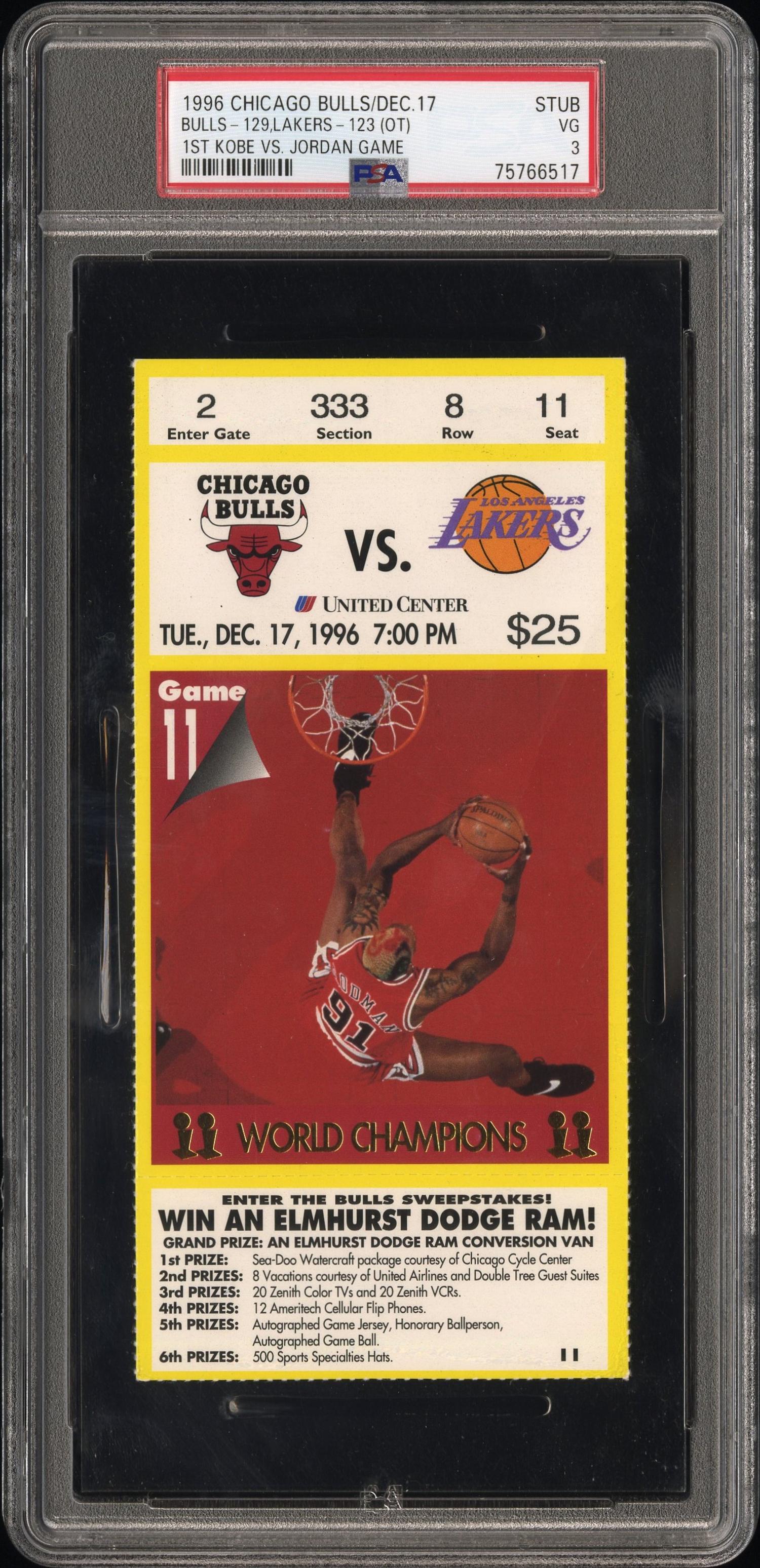 A December 17 1996 Chicago Bulls Ticket Stub Bulls 129, Lakers 123 (OT) First Kobe vs. Jordan Game (PSA 3 VG)