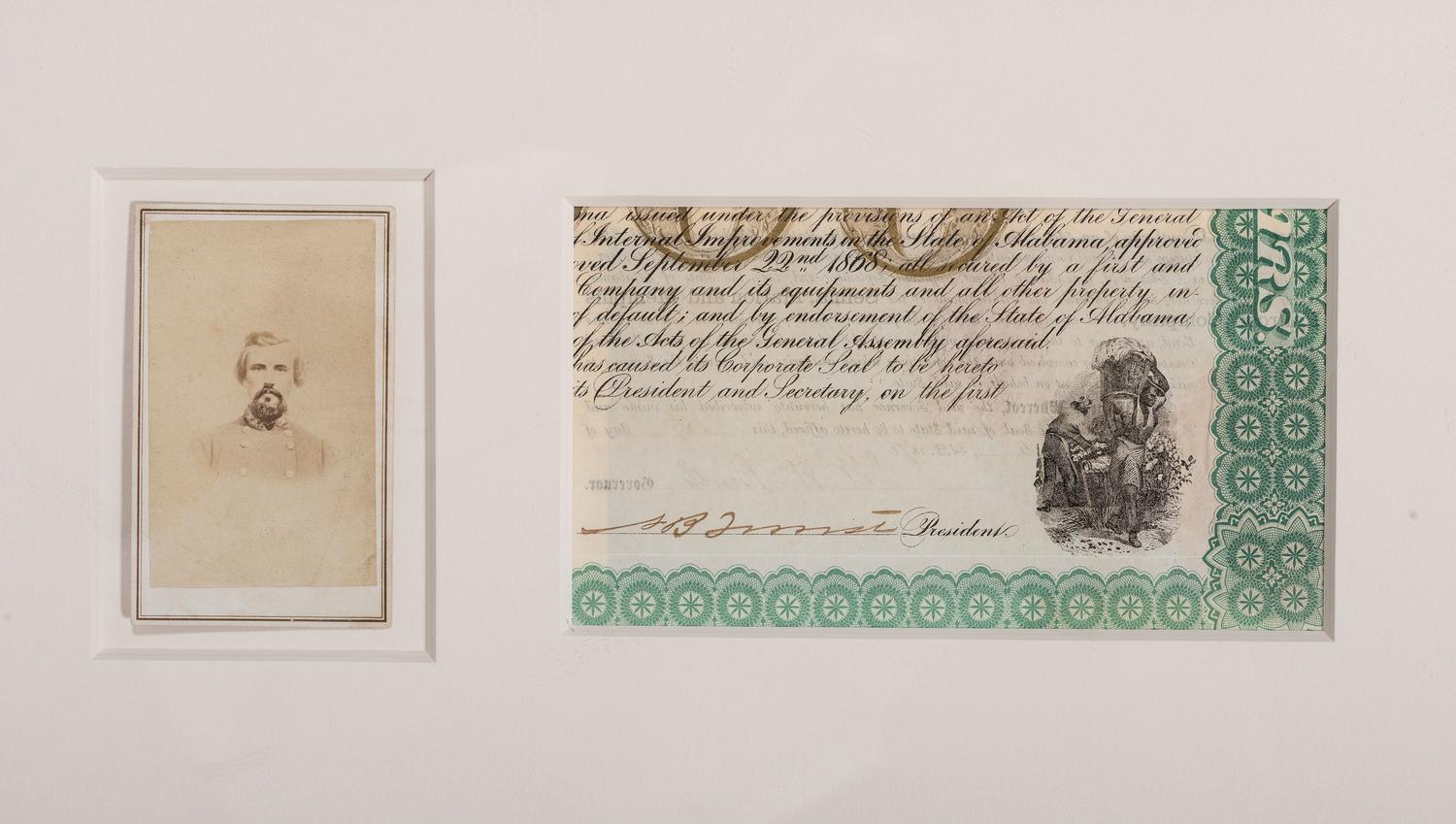 [CIVIL WAR]. FORREST, Nathan Bedford (1821-1877). CDV with unusual Jackson, Tennessee, imprint and partial document signed by Nathan Bedford Forrest.