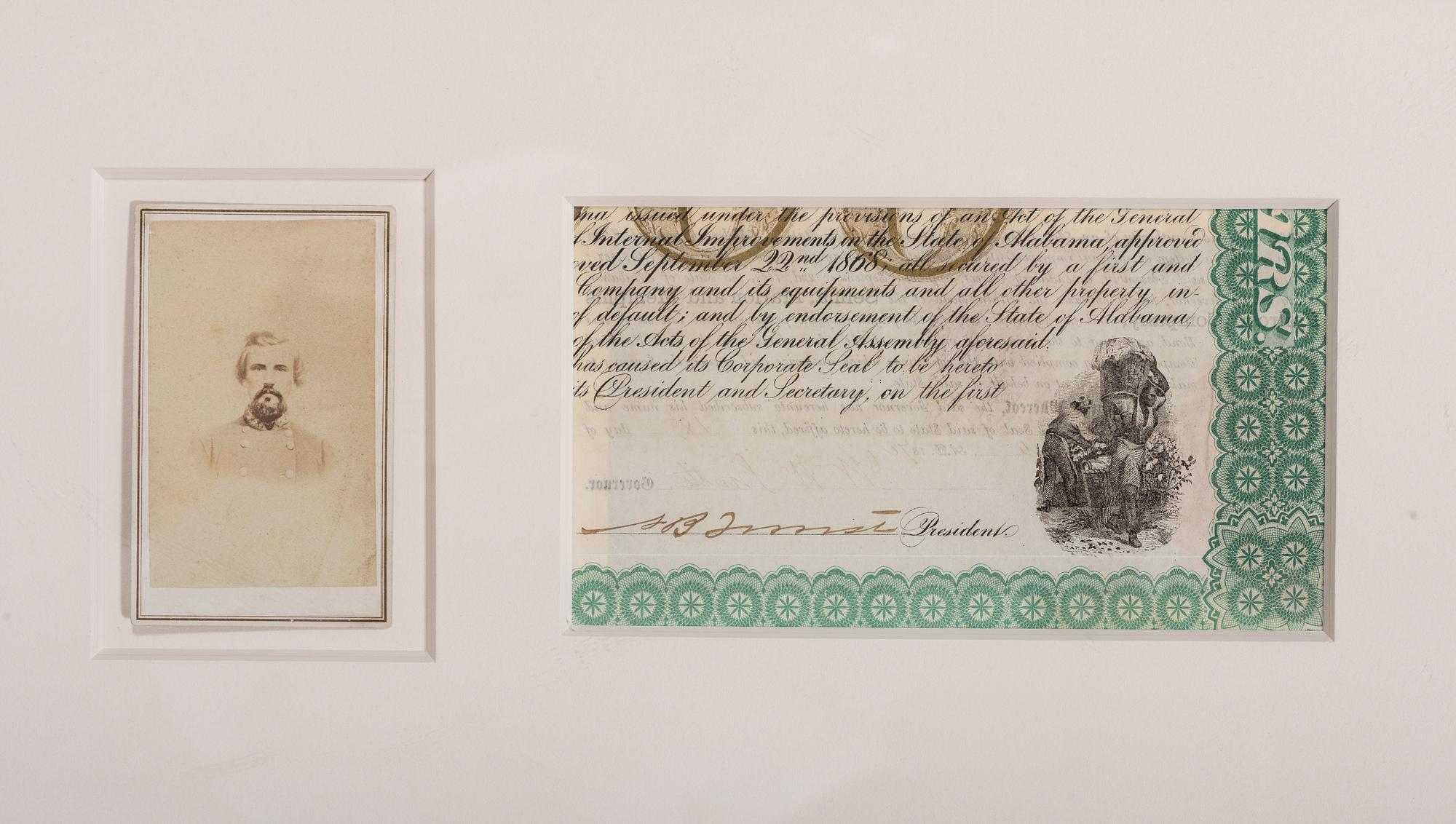 [CIVIL WAR]. FORREST, Nathan Bedford (1821-1877). CDV with unusual Jackson, Tennessee, imprint and partial document signed by Nathan Bedford Forrest.